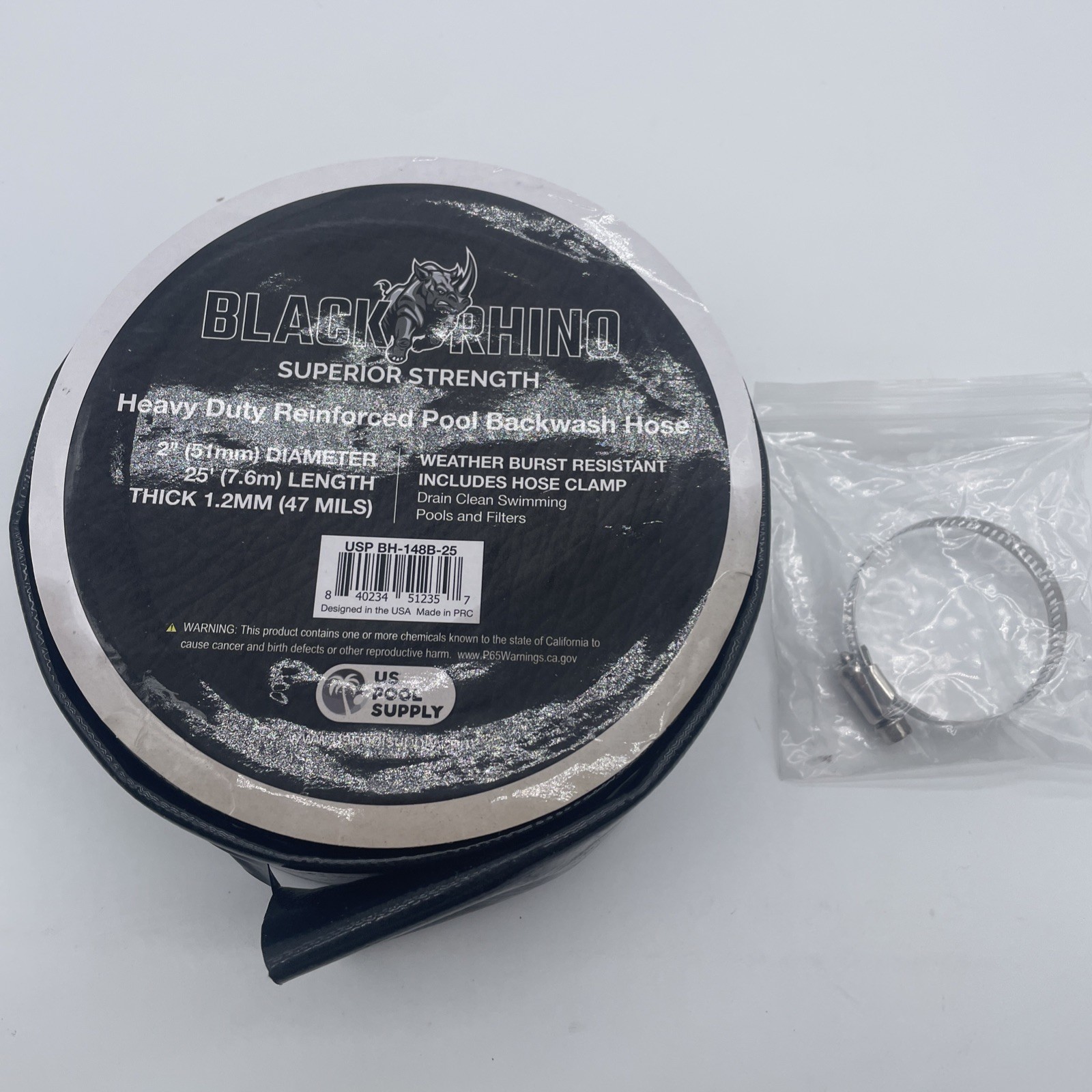 U.S. Pool Supply Black Rhino 2” x 25&prime; Pool Backwash Hose with Hose Clamp