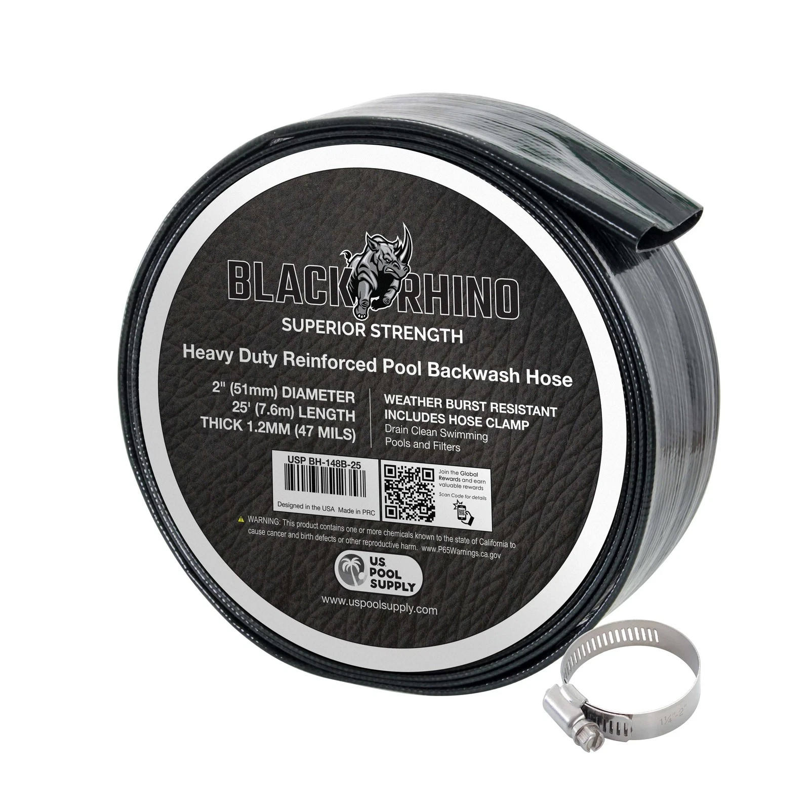 U.S. Pool Supply Black Rhino 2&Prime; x 25&prime; Pool Backwash Hose with Hose Clamp