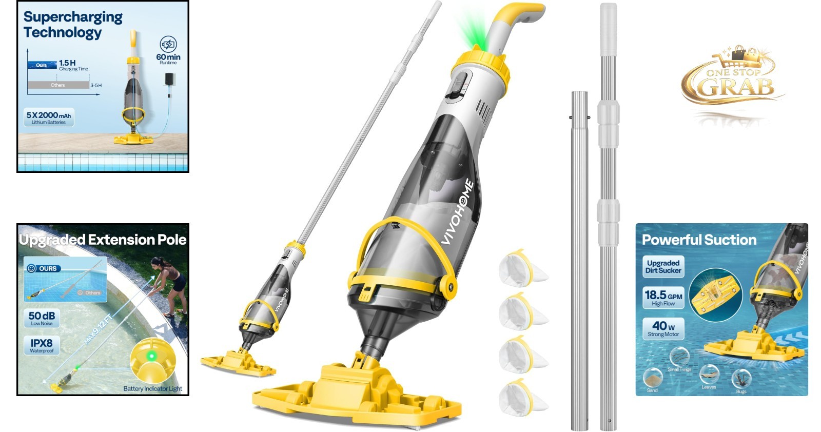Cordless Pool Vacuum Cleaner with Extended Telescopic Poles 18.5 GPM Yellow