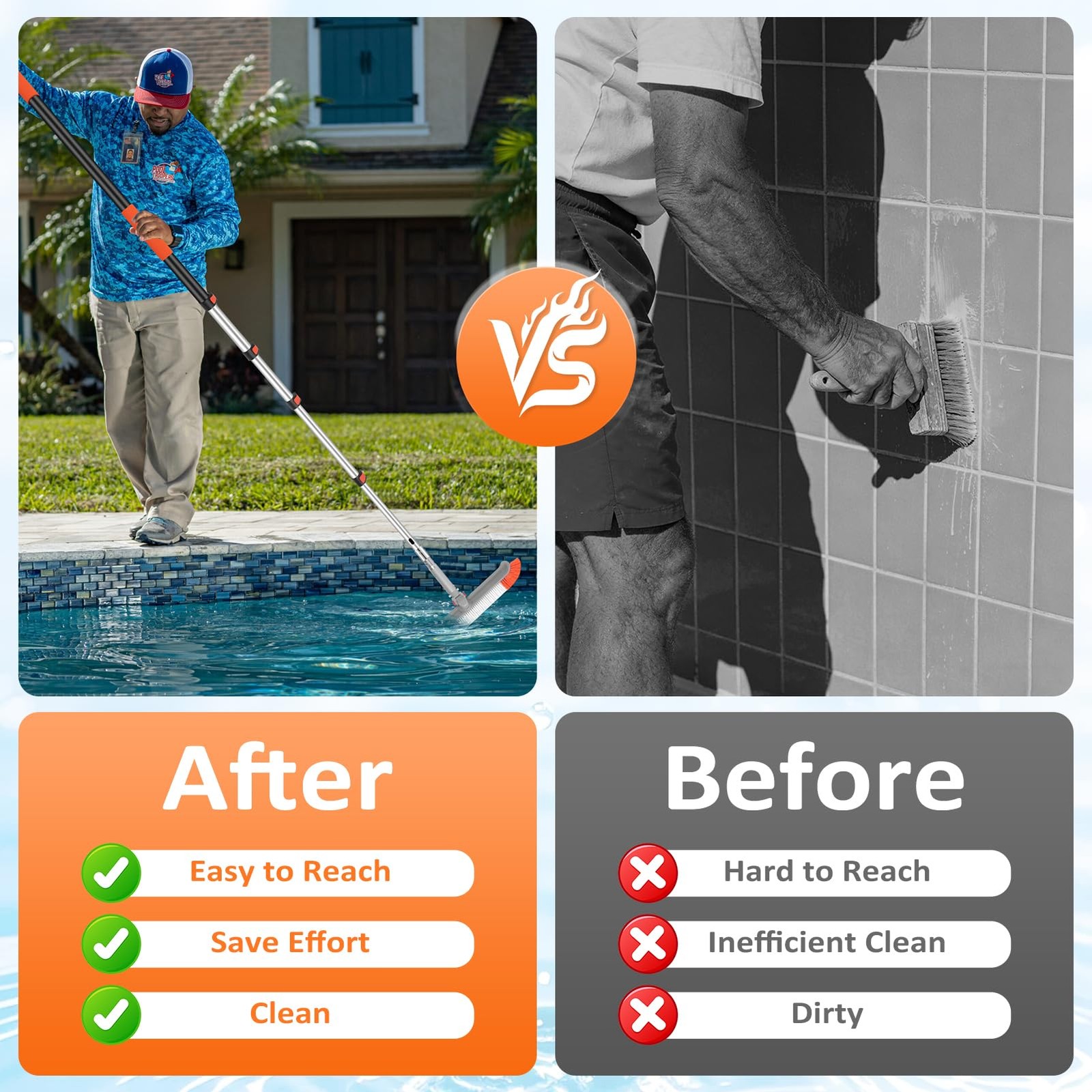 16FT Telescopic Pool Brush with Heavy Duty Scrubber for Walls and Floors