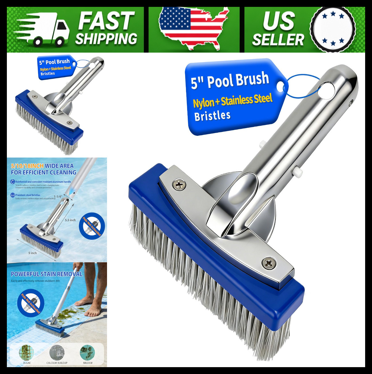 5in Pool Brush Head Nylon Stainless Steel Bristles for Tile Concrete Walls