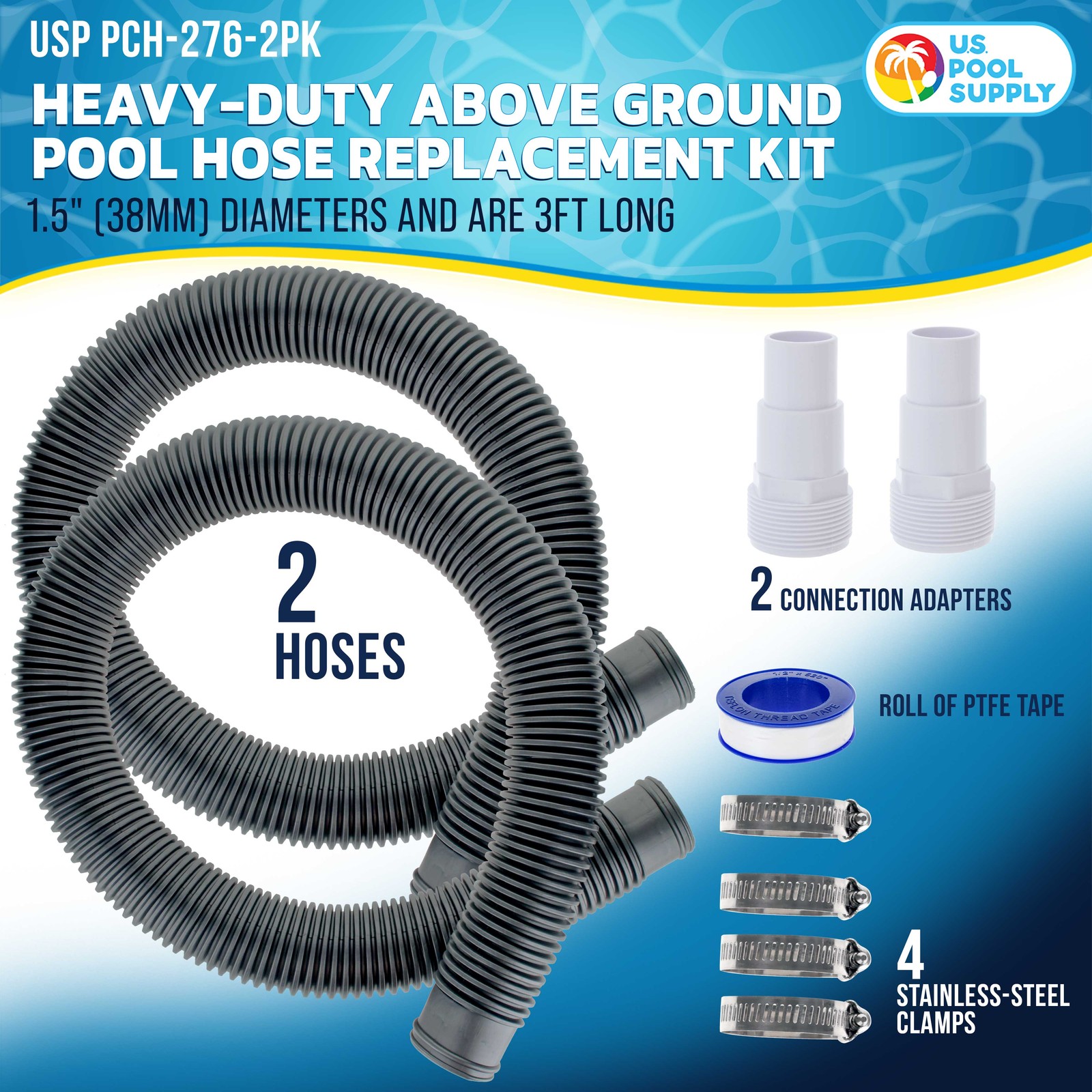 1.5&Prime; Hose Replacement Kit – 2 Silver 3&prime; Hoses, 2 Connection Adapters, 4 Clamps