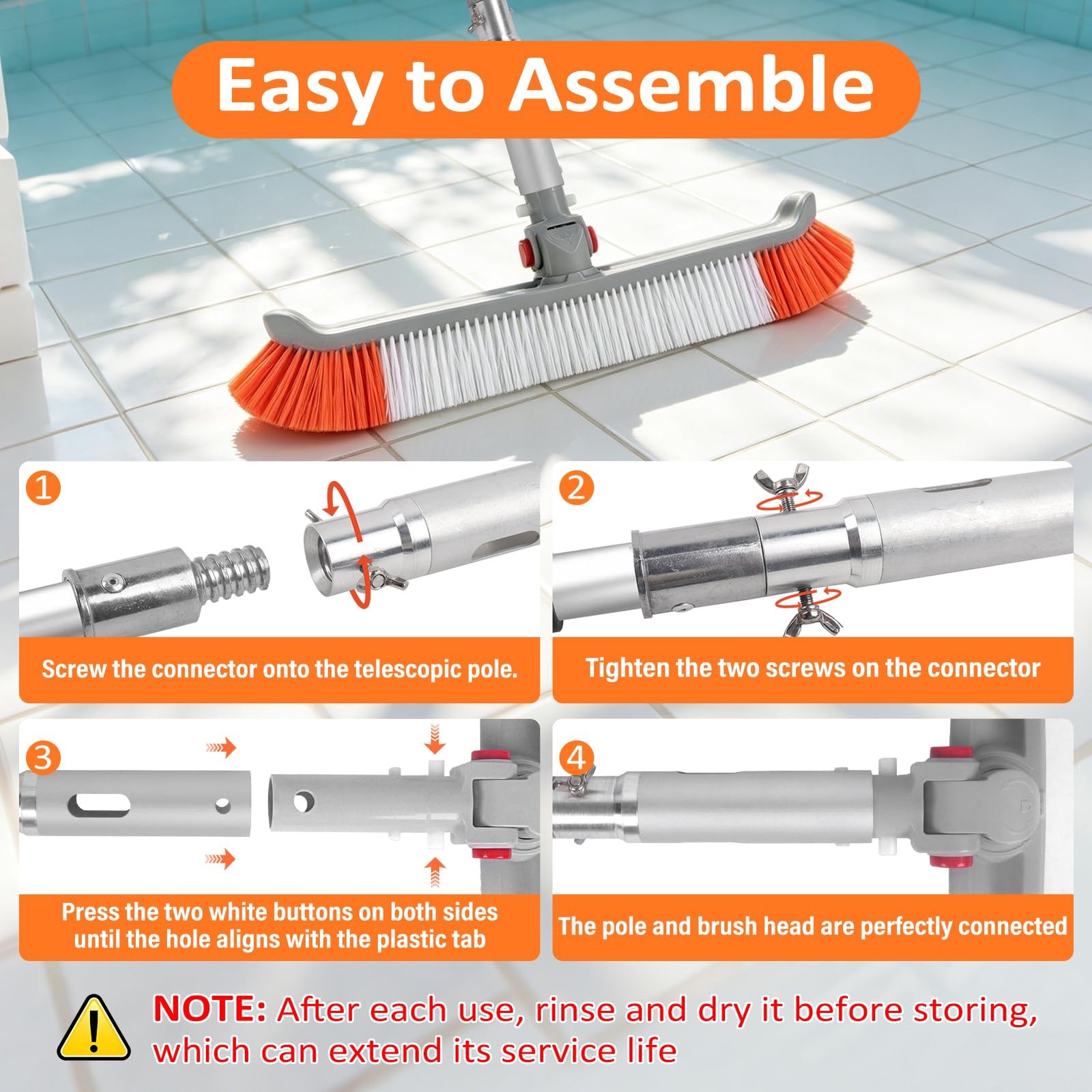 16FT Telescopic Pool Brush with Heavy Duty Scrubber for Walls and Floors