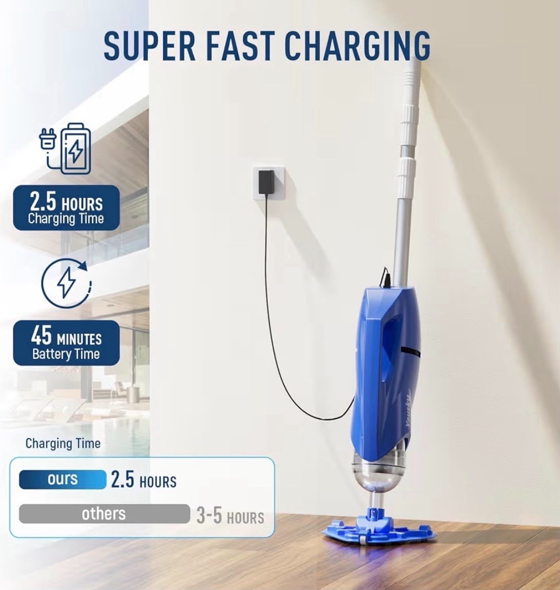 Cordless Pool Vacuum 18.5Gpm Handheld Cleaner Above Ground Inground Blue