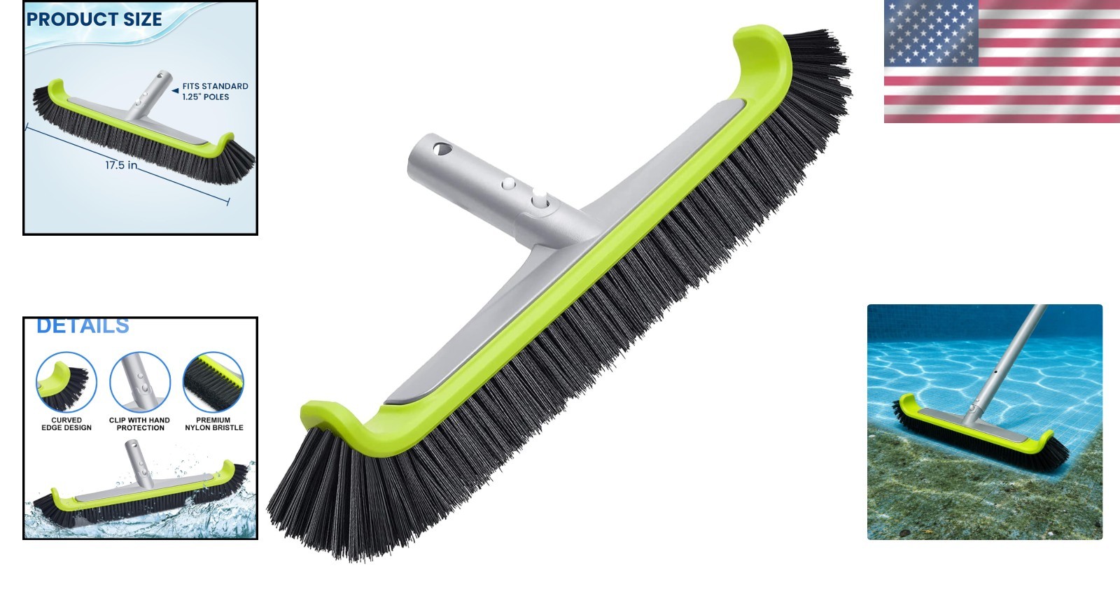 Curved Edge Pool Cleaning Brush – 17.5&Prime; for Inground/Above Ground Pools