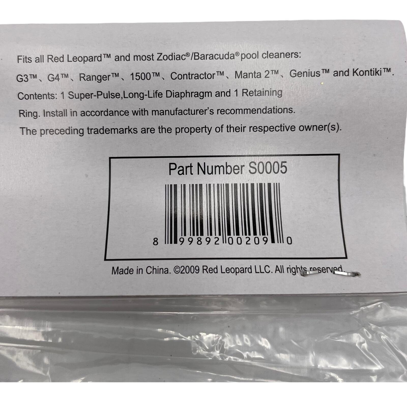 Red Leopard Diaphragm / Zodiac Barracuda Pool Vacuum Cleaner Part S0005 / 2 Pack