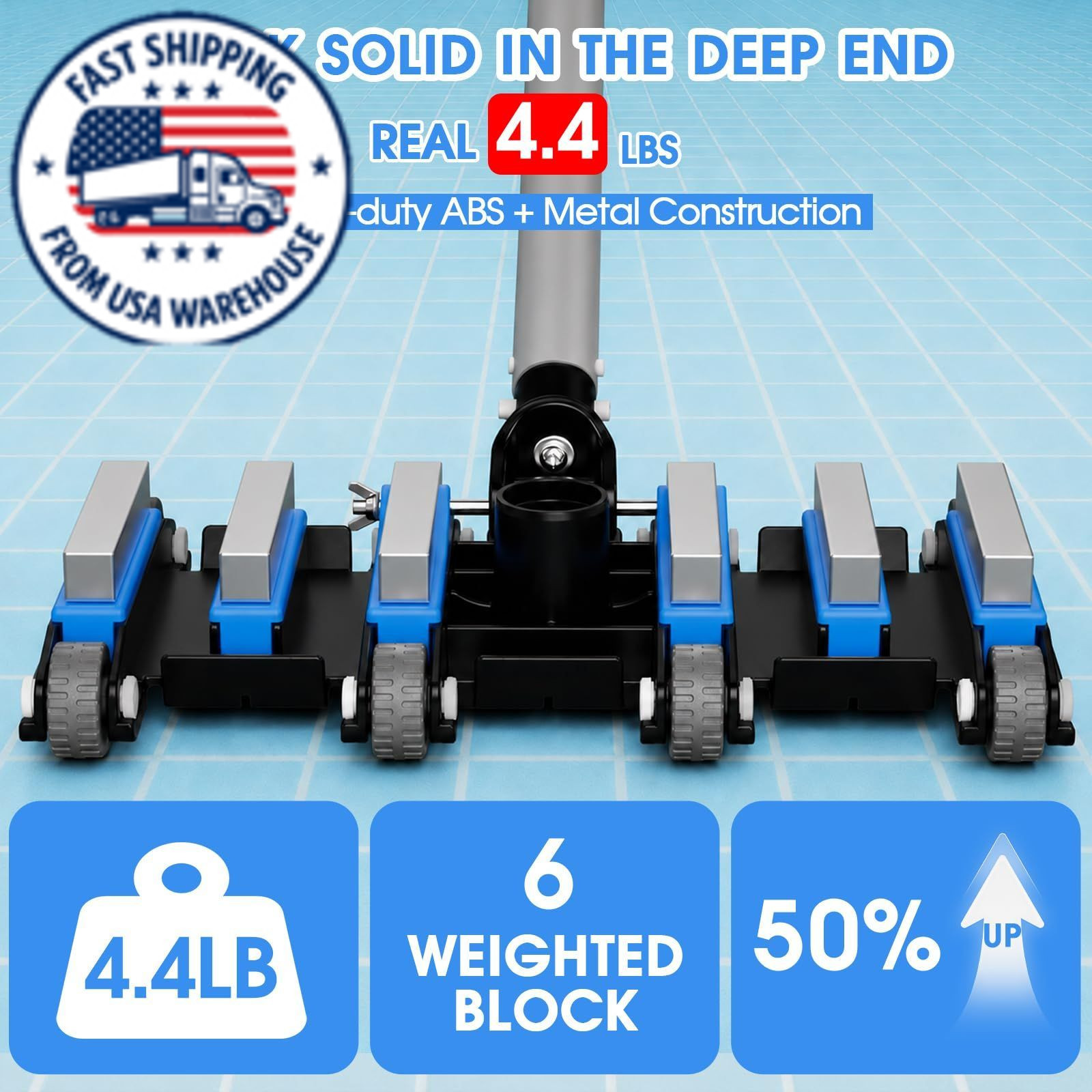 Commercial-Grade 4.4 LB Weighted Pool Vacuum Head & Swivel Handle – Blue