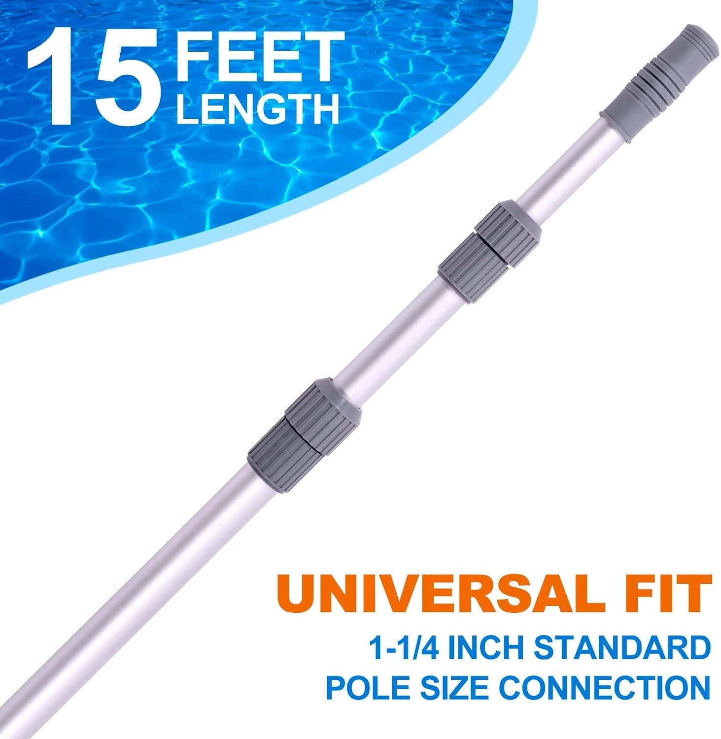 Professional 15 FT Adjustable Pool Pole for Skimmer, Brush & Vacuum Tools