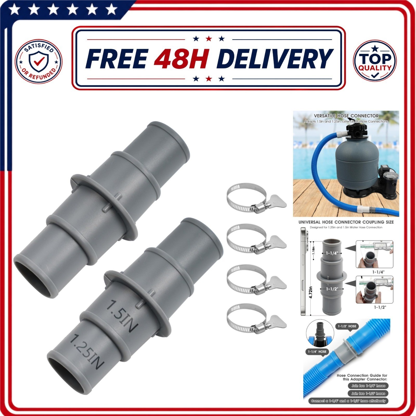 Pool Hose Adapter Connector 1-1/4&Prime; to 1-1/2&Prime; Plastic – 2 Pack