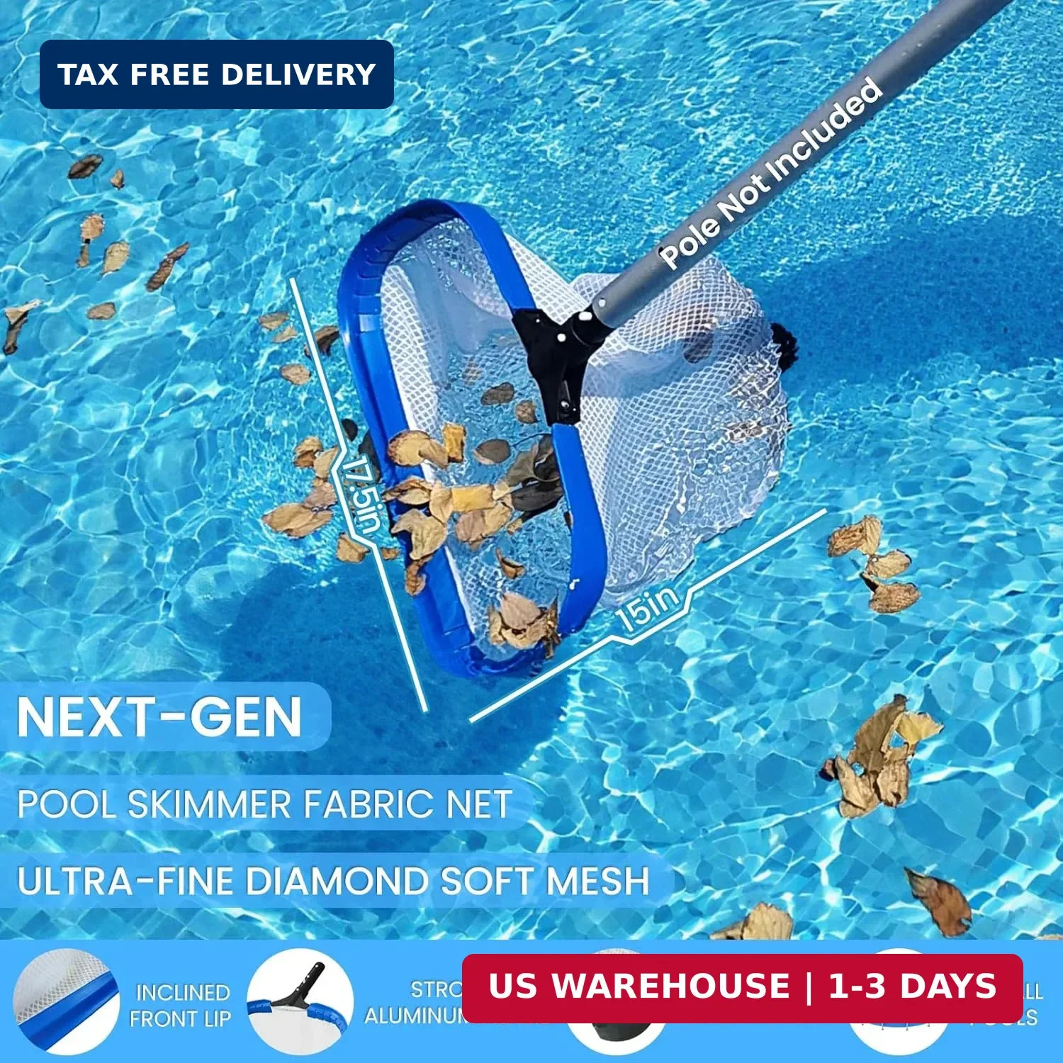 Poolvio 17.5&Prime; Pool Net – Heavy Duty Leaf Net with Aluminum Frame with Diamond-Pa