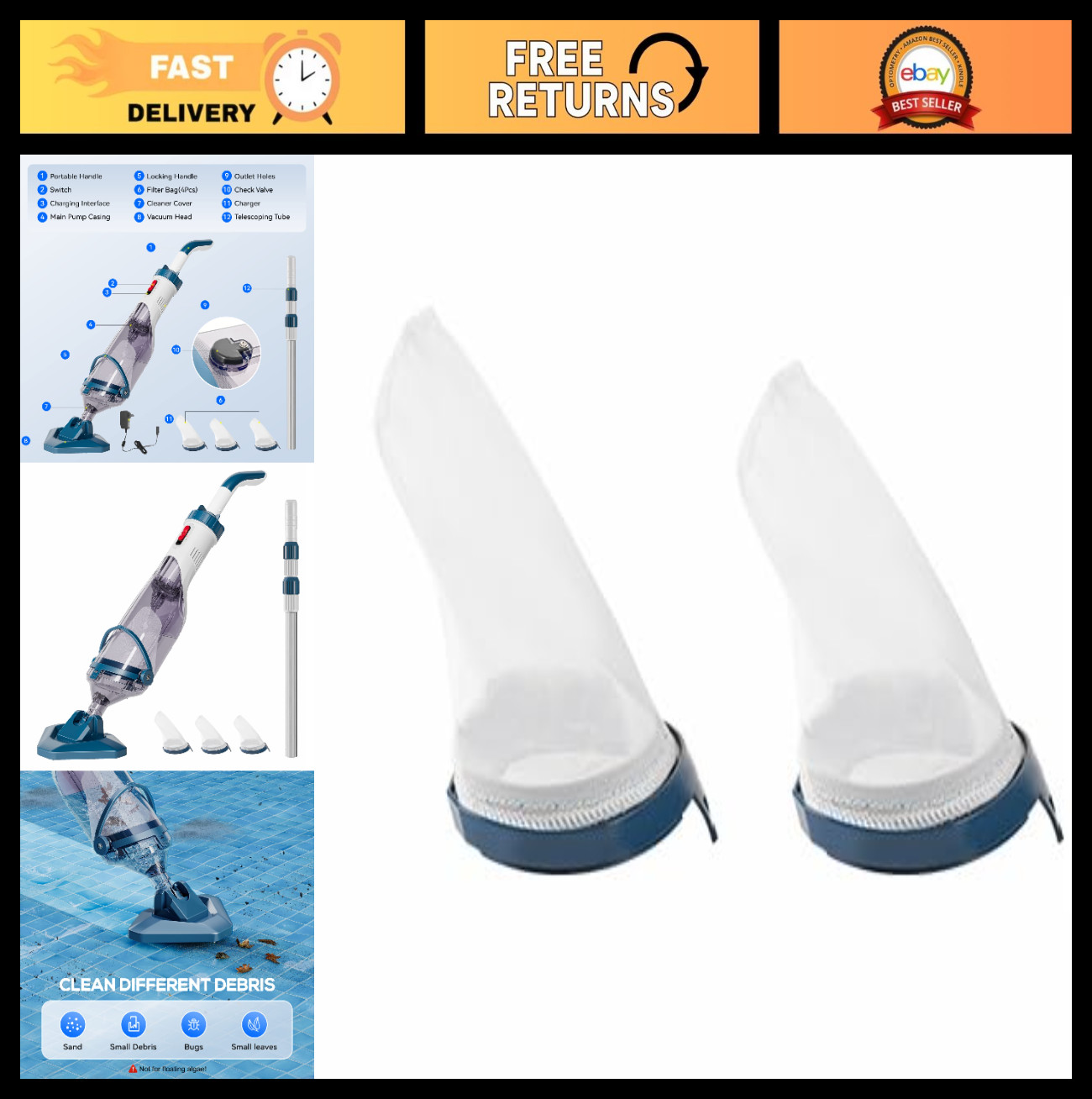 Handheld Pool Vacuum Cleaner Replacement Filter Bags (2 Pack) for PC10, PC15, PC