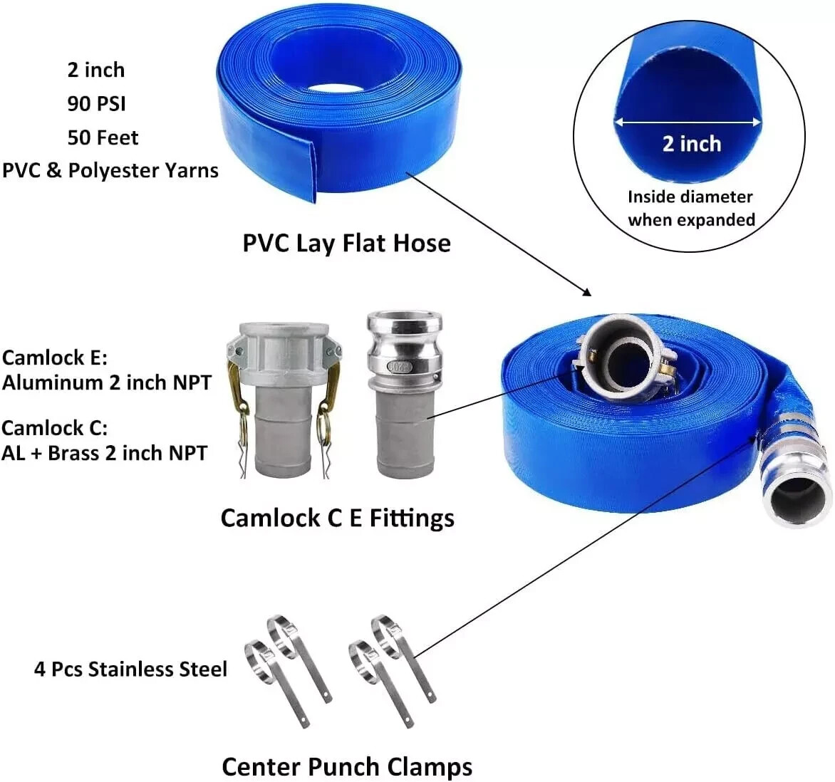 50/100ft Swimming Pool Filter Backwash Draining Hose Discharge Hose with Camlock