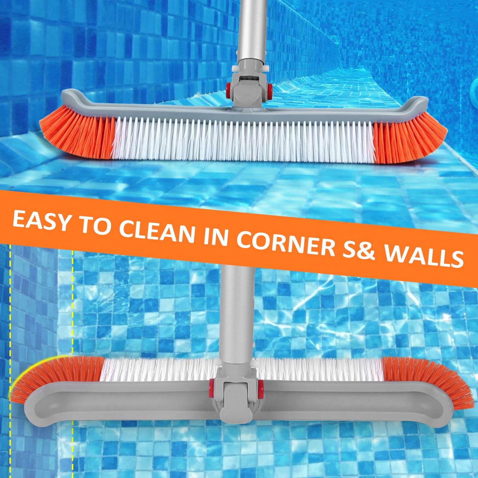 16FT Telescopic Pool Brush with Heavy Duty Scrubber for Walls and Floors