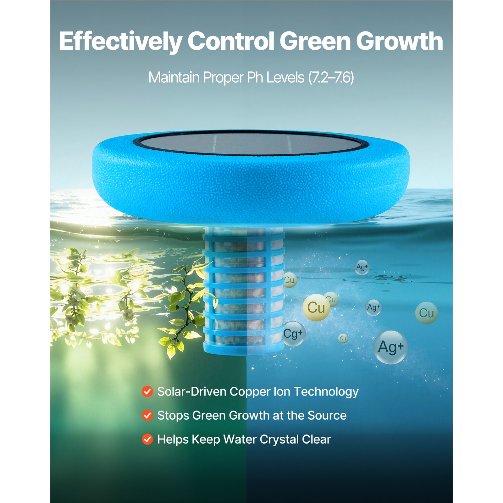 Uimoso Solar Pool Ionizer Round Copper Purifier for Pools Up to 45000 Gal, Blue