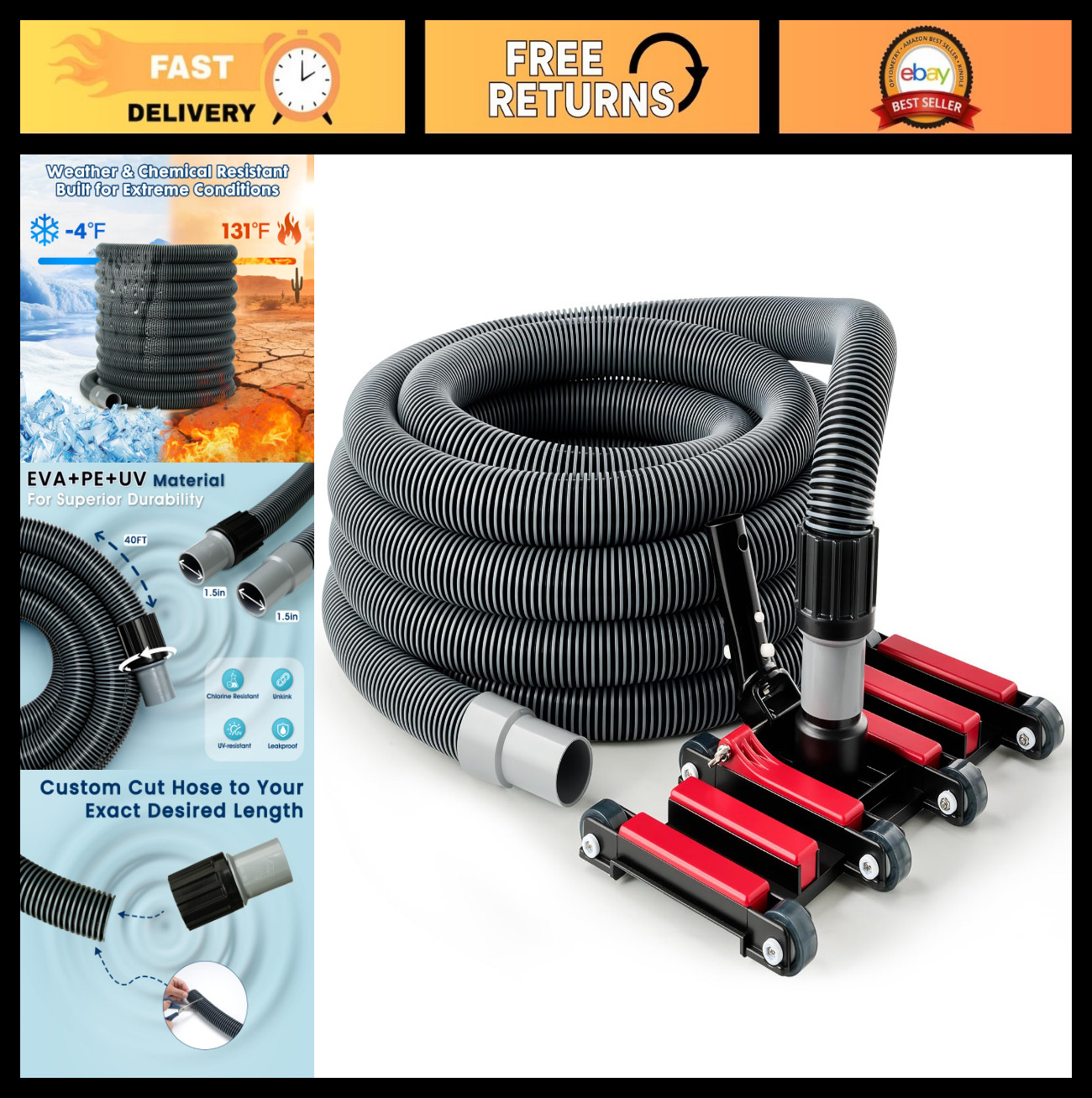 Heavy Duty Pool Vacuum Hose & Weighted Head – Swivel Cuff for Inground/Above Gro