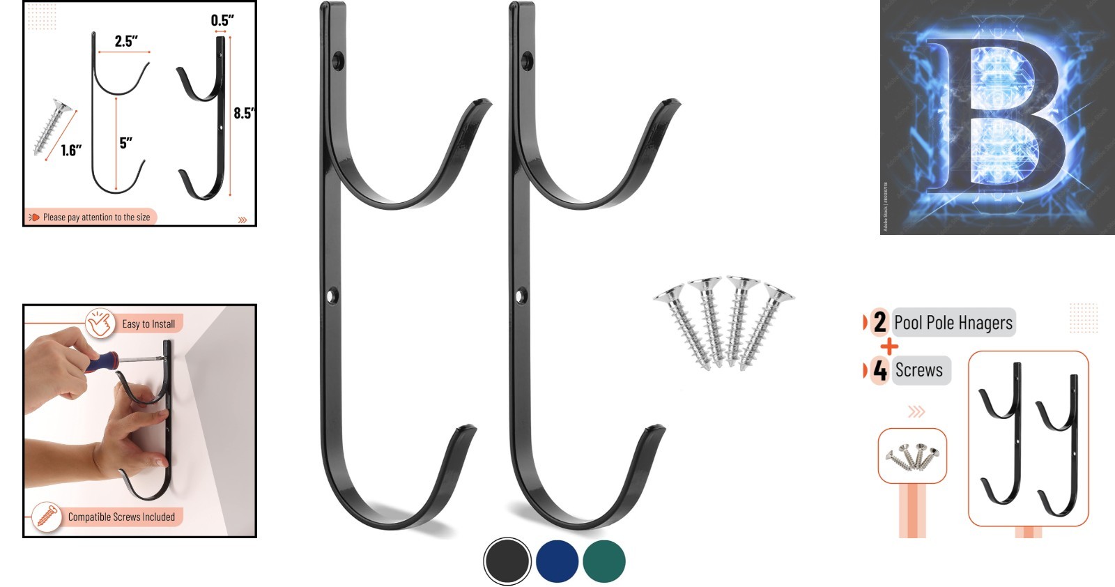 Wall-Mount Pool Pole Hooks – 2 Pack Heavy-Duty Storage Solution for Your Garden