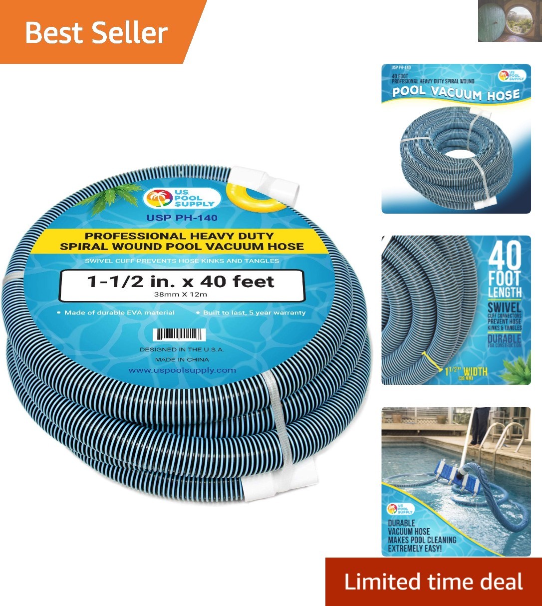 Professional 1-1/2&Prime; x 40&prime; Heavy Duty Pool Vacuum Hose with Kink-Free Design