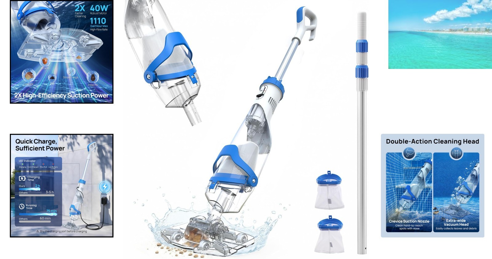 Powerful Rechargeable Pool Vacuum – 1110 GPH Suction, 75 Min Runtime, Easy Use
