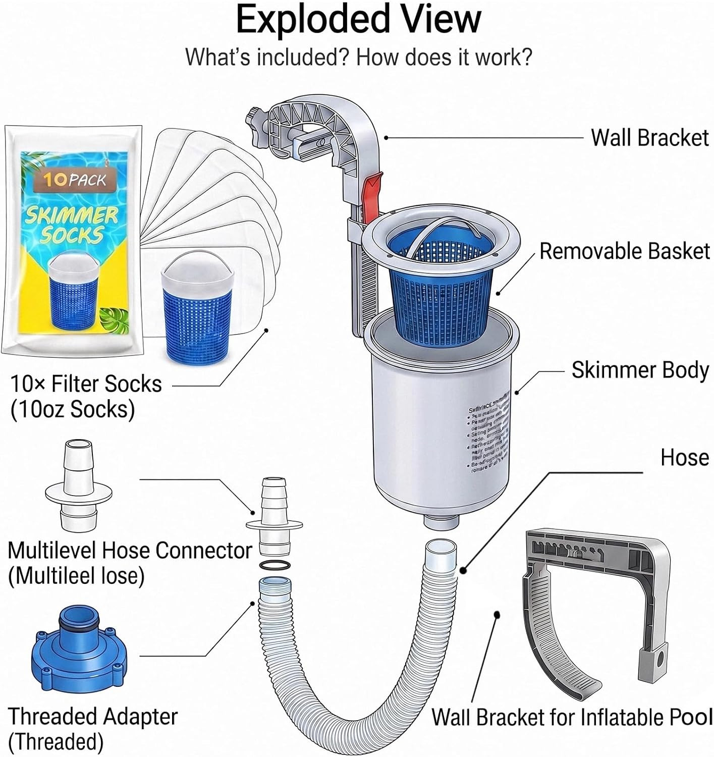 Above Ground Pool Skimmer with 10-Pack Skimmer Socks, Wall Mount Surface Skimmer