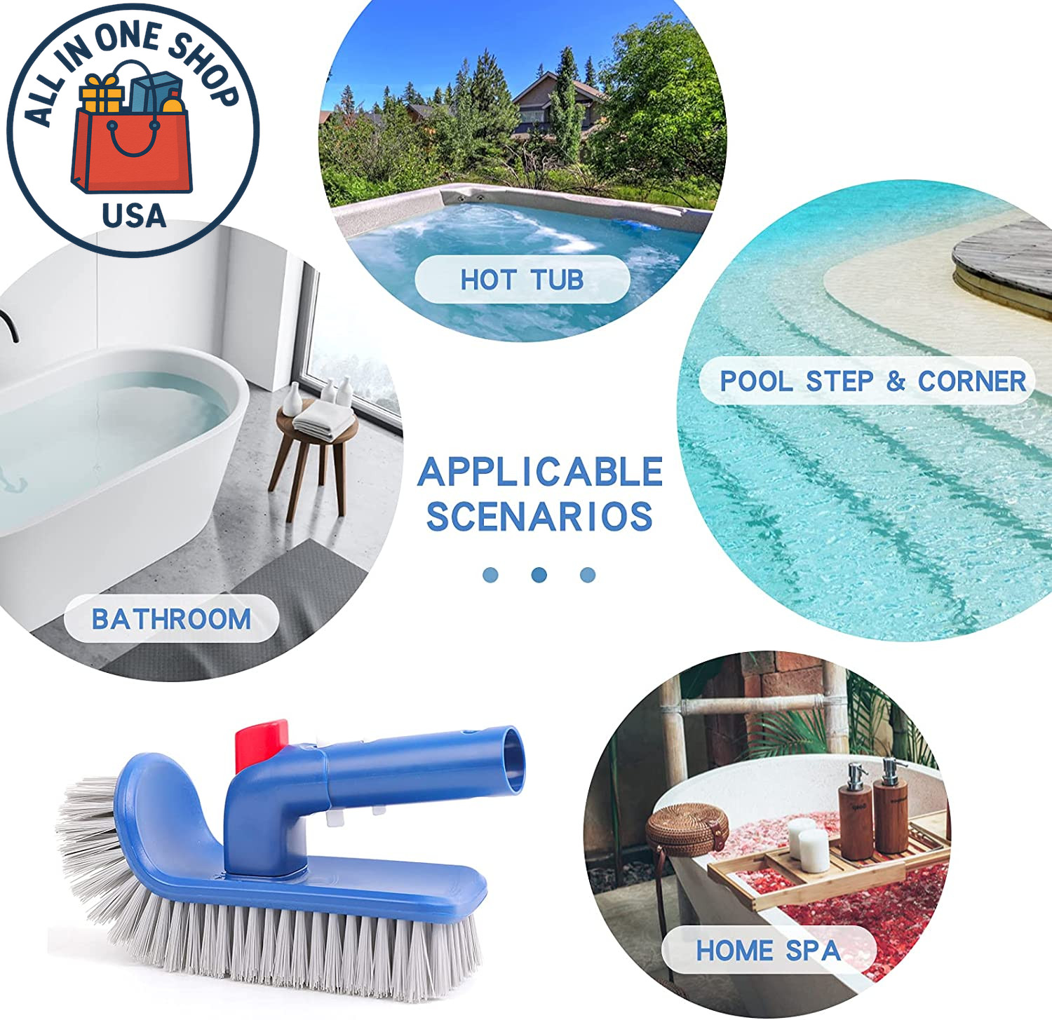 Rotatable Pool Brush Head for Walls, Steps, and Corners Cleaning