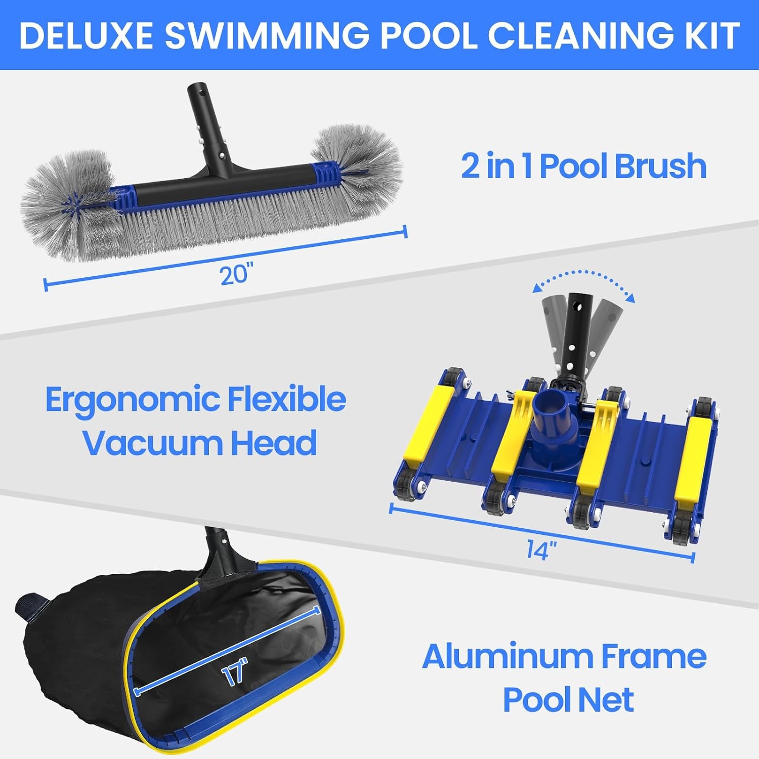 Pool Cleaning Kit: Skimmer, Brush & Weighted Vacuum Head for Pools