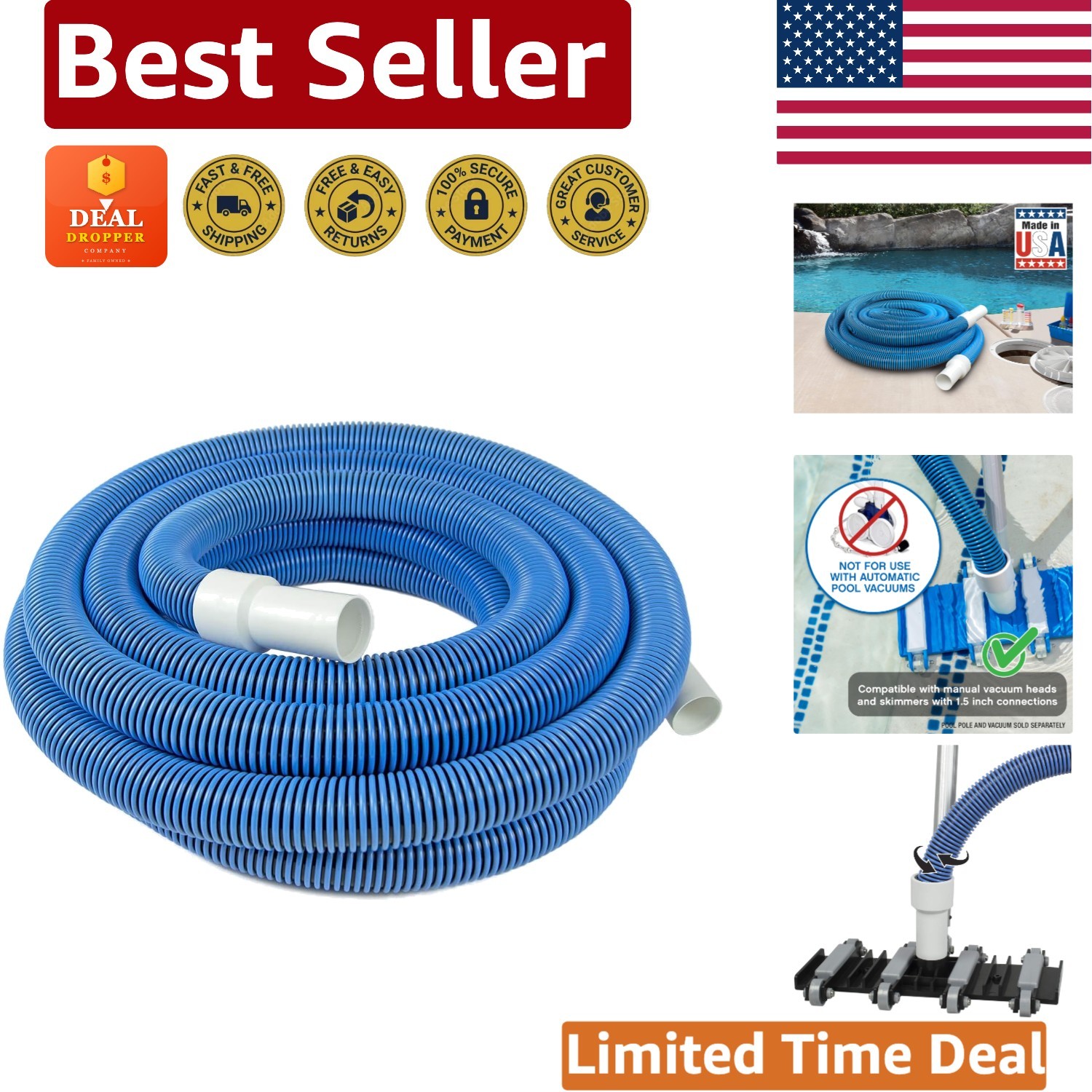 Durable 30 Ft Manual Pool Vacuum Hose – Swivel Cuff & Easy Setup for Clean Pools
