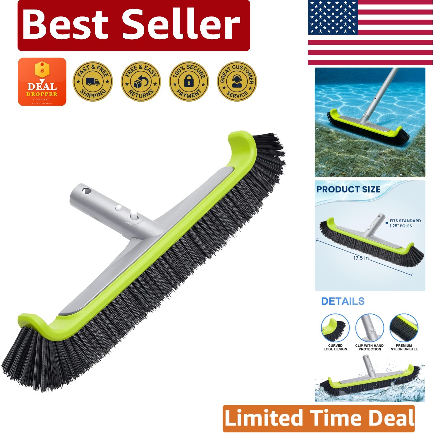 Curved Edge Pool Cleaning Brush – 17.5&Prime; for Inground/Above Ground Pools