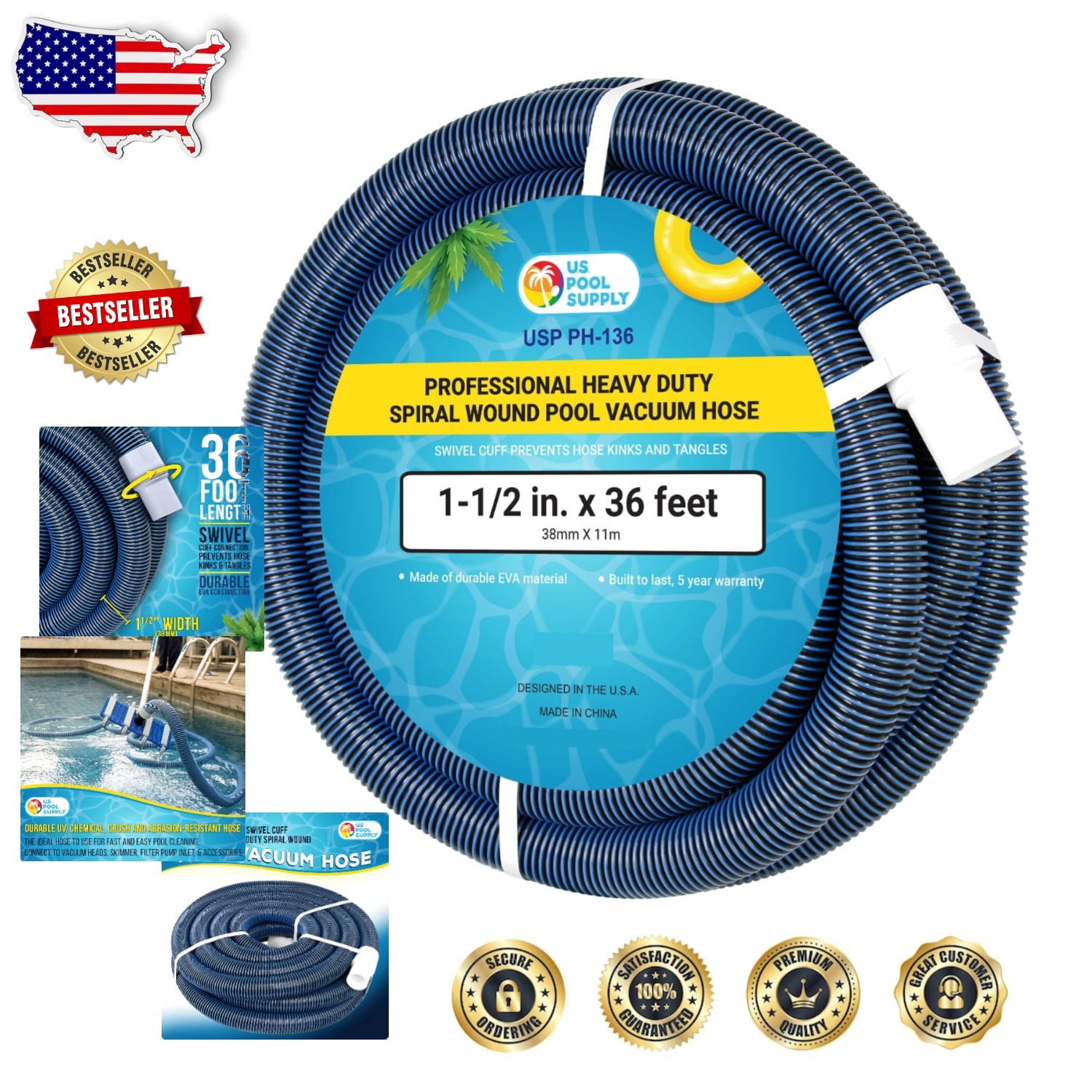 Heavy Duty Pool Hose 36 ft 1-1/2&Prime; EVA Kink-Free Swivel for Inground