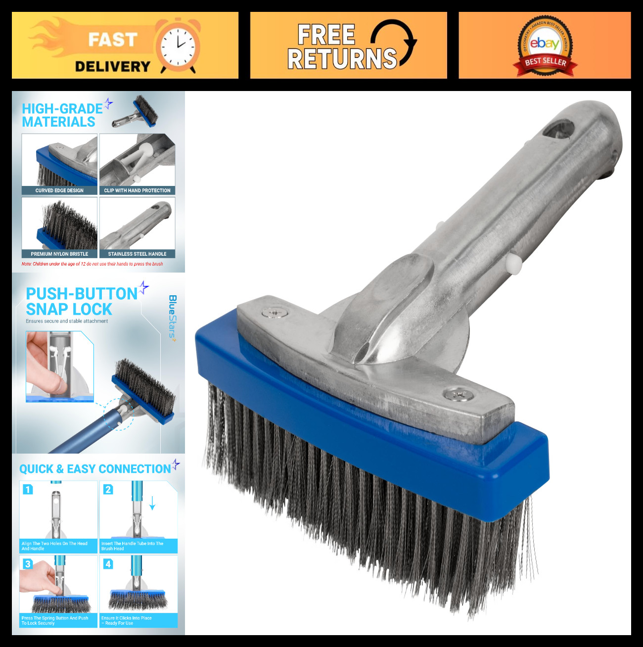 Heavy Duty 5&Prime; Swimming Pool Brush – Stainless Steel Bristles, Aluminum Handle, S