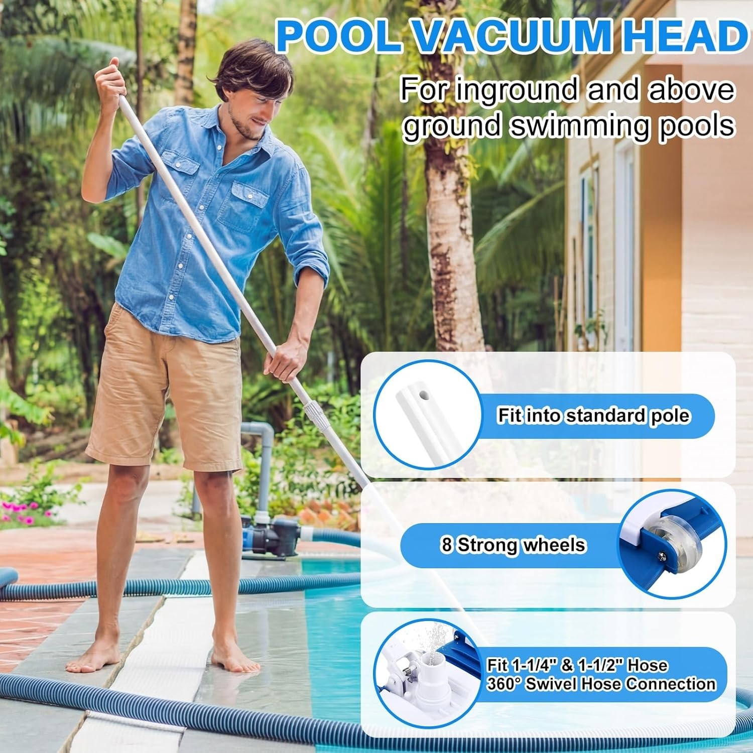 3 Pcs Pool Cleaning Kit 14&Prime; Vacuum Head with Flexible Wheels, 1-1/2 x 18ft Hoses