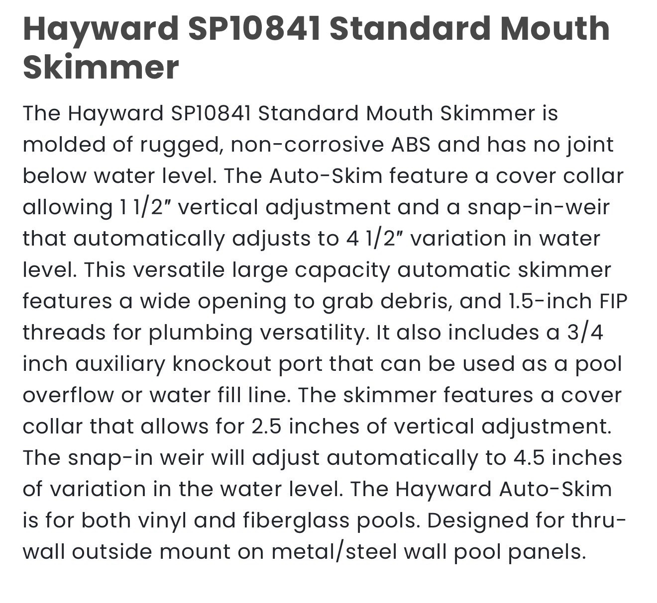 GENUINE Hayward SP108410M 1-1/2” Auto Skim Outside MT***FREE SHIPPING***READ***