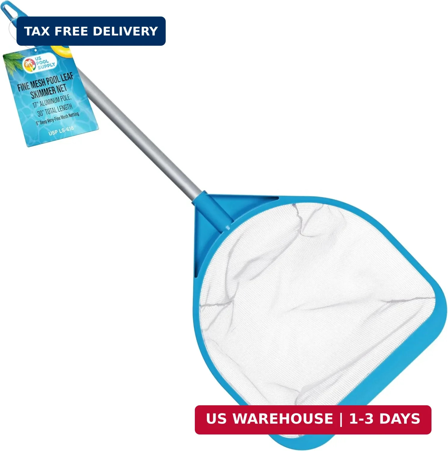 U.S. Pool Supply Pool and Spa Skimmer Net with Pole, 30&Prime; Long Handheld Fine Mesh