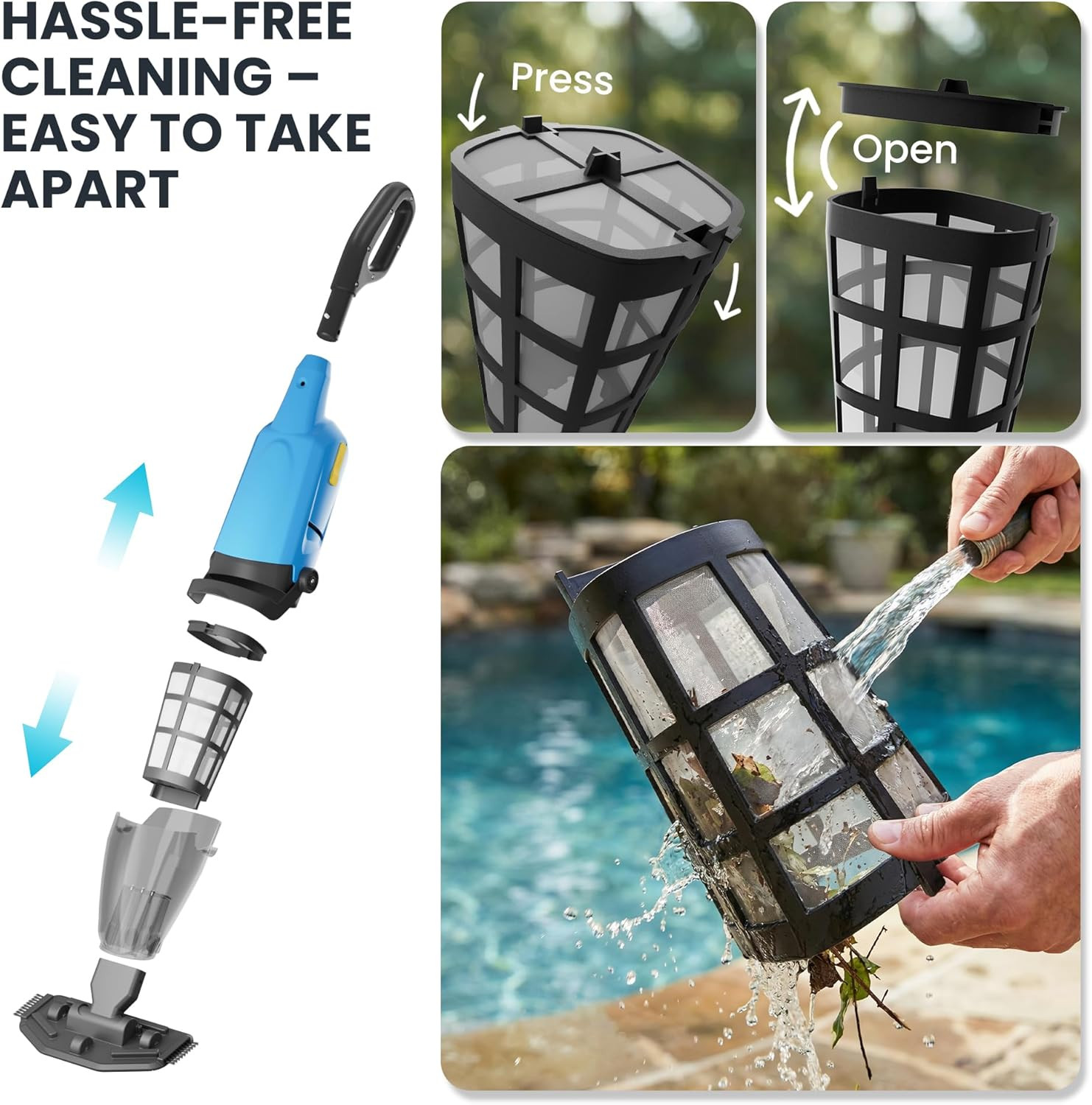 Cordless Pool Vacuum above & Inground Pools, Powerful 15GPM Suction, Handheld Po
