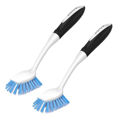 Dish Brush with Handle – 2 Pack Stiff Bristles Dish Scrubber – Black-Blue