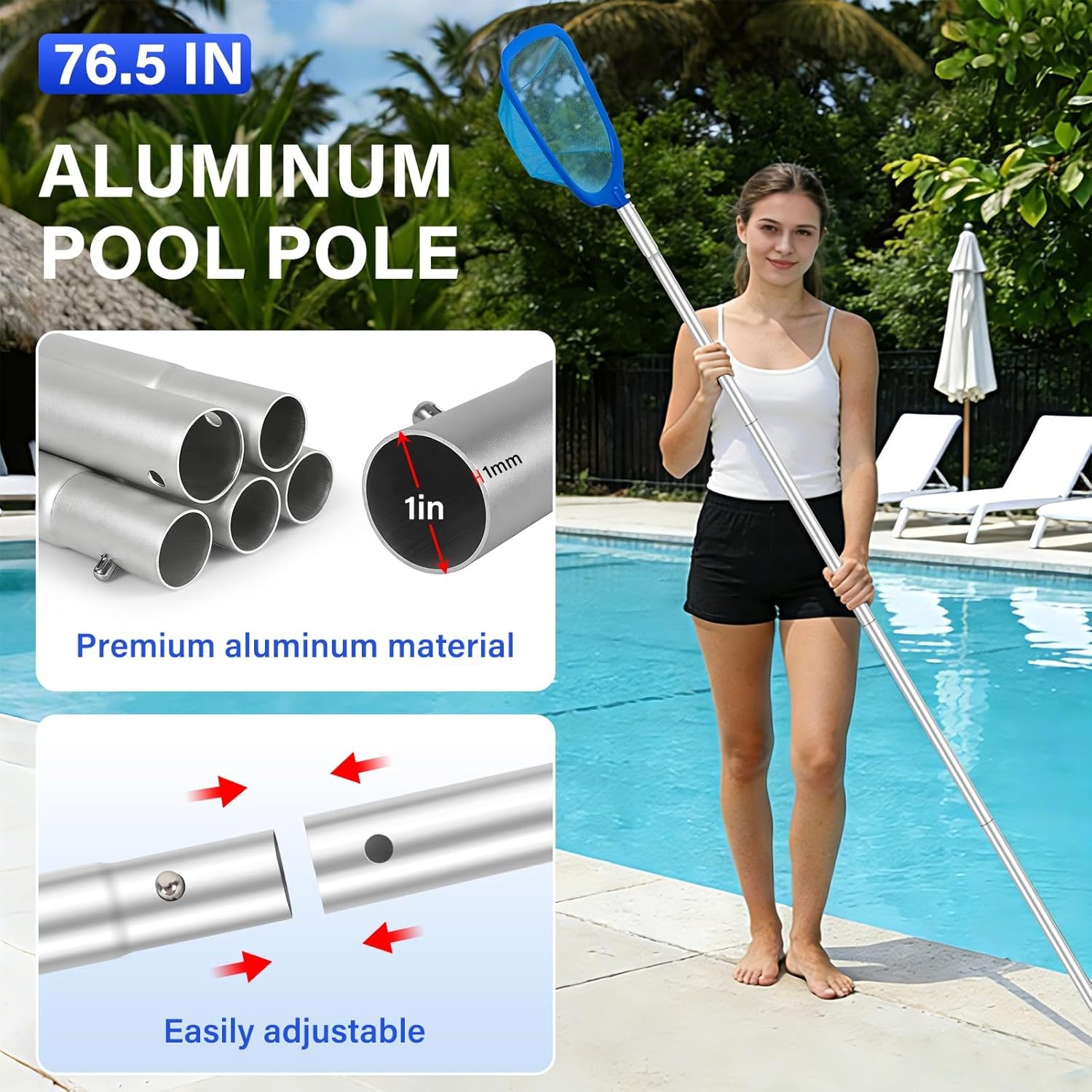 Pool Cleaning Kit: 12.5&Prime; Brush, Fine Mesh Skimmer, 76.5&Prime; Pole