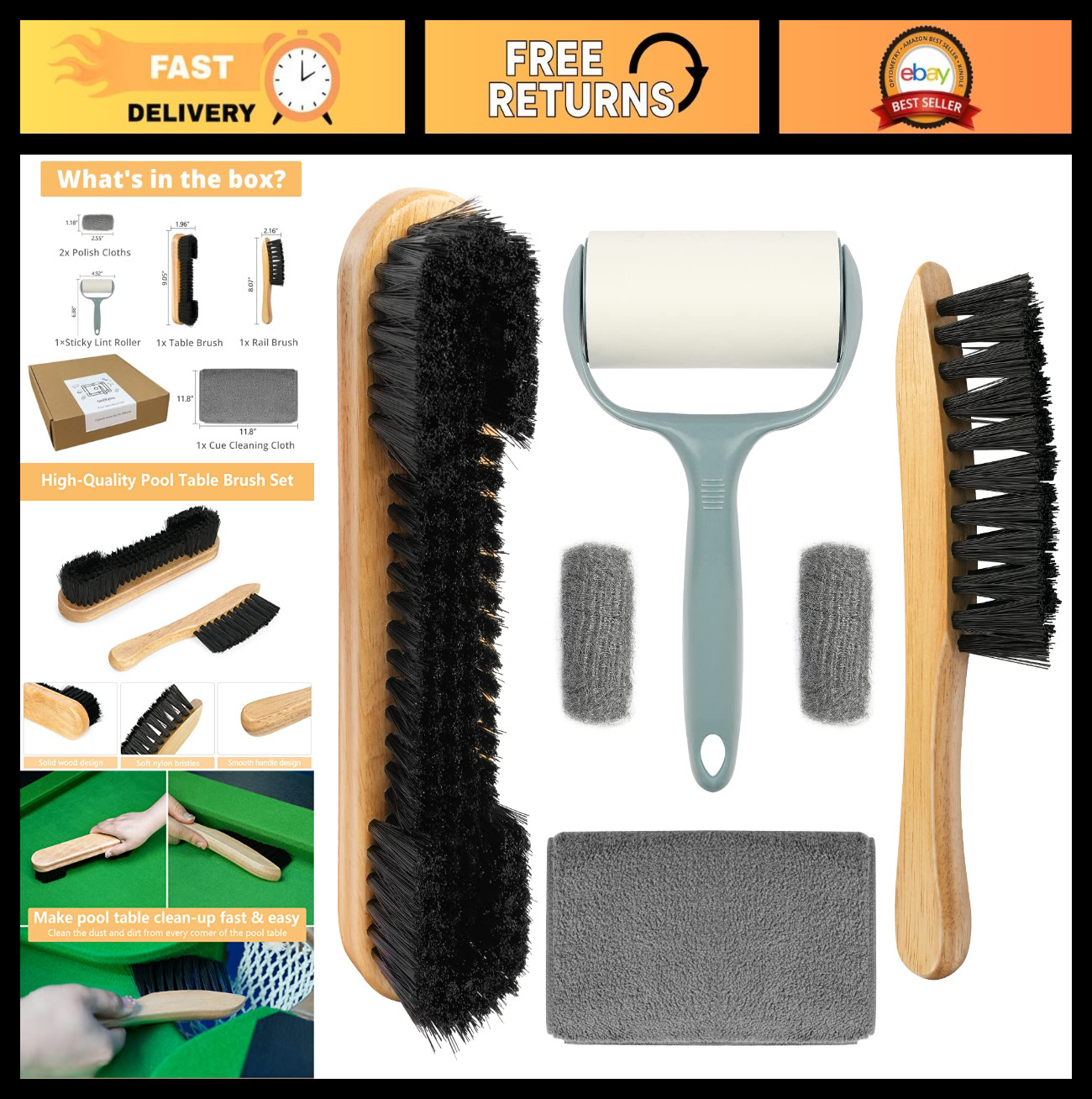 Billiard Pool Table Brush Set – 5 Piece Felt Cleaner, Wooden Brushes & Lint Roll