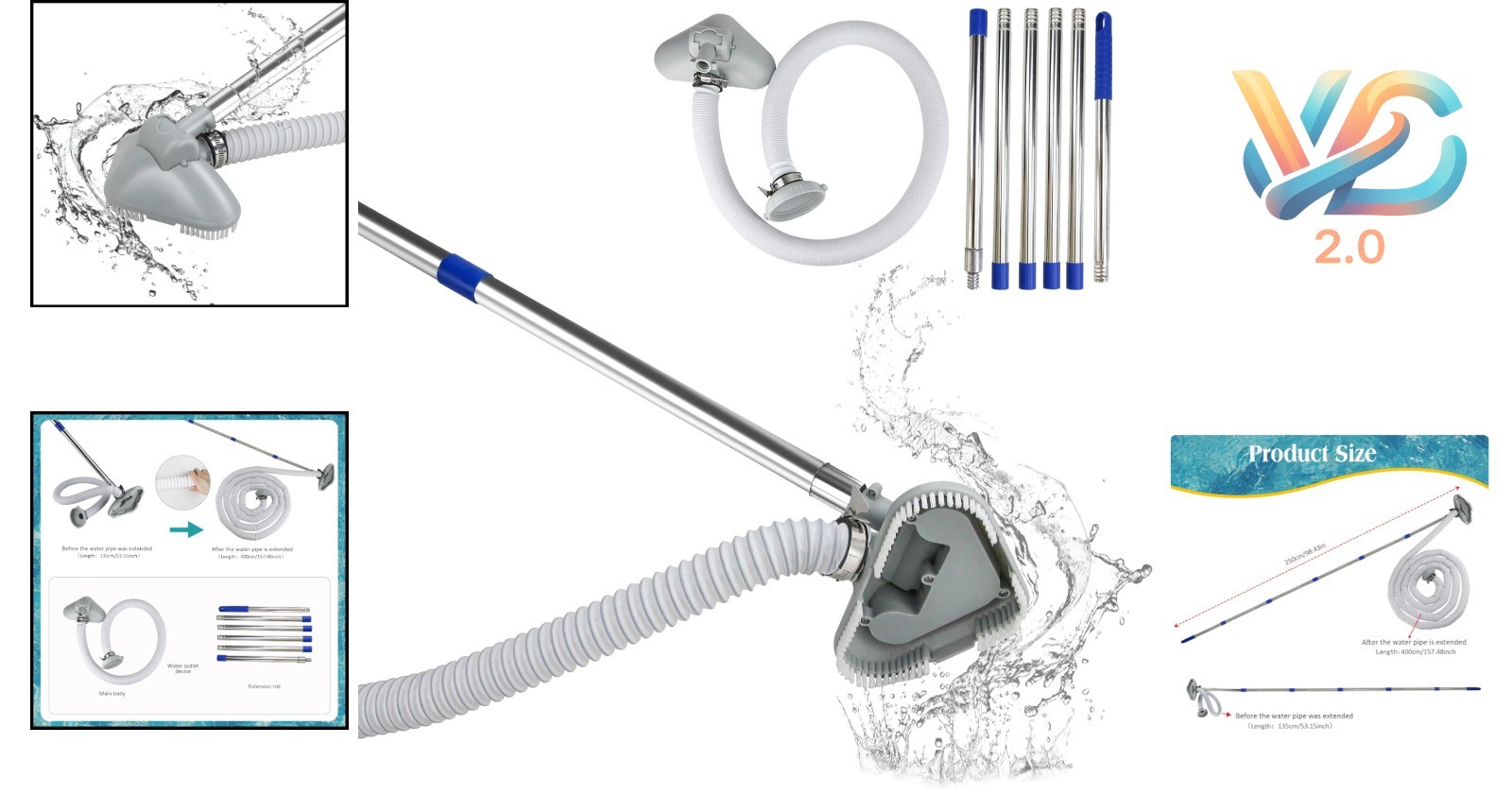 Extendable Pool Vacuum Cleaner for Above & In-Ground Pools Grey