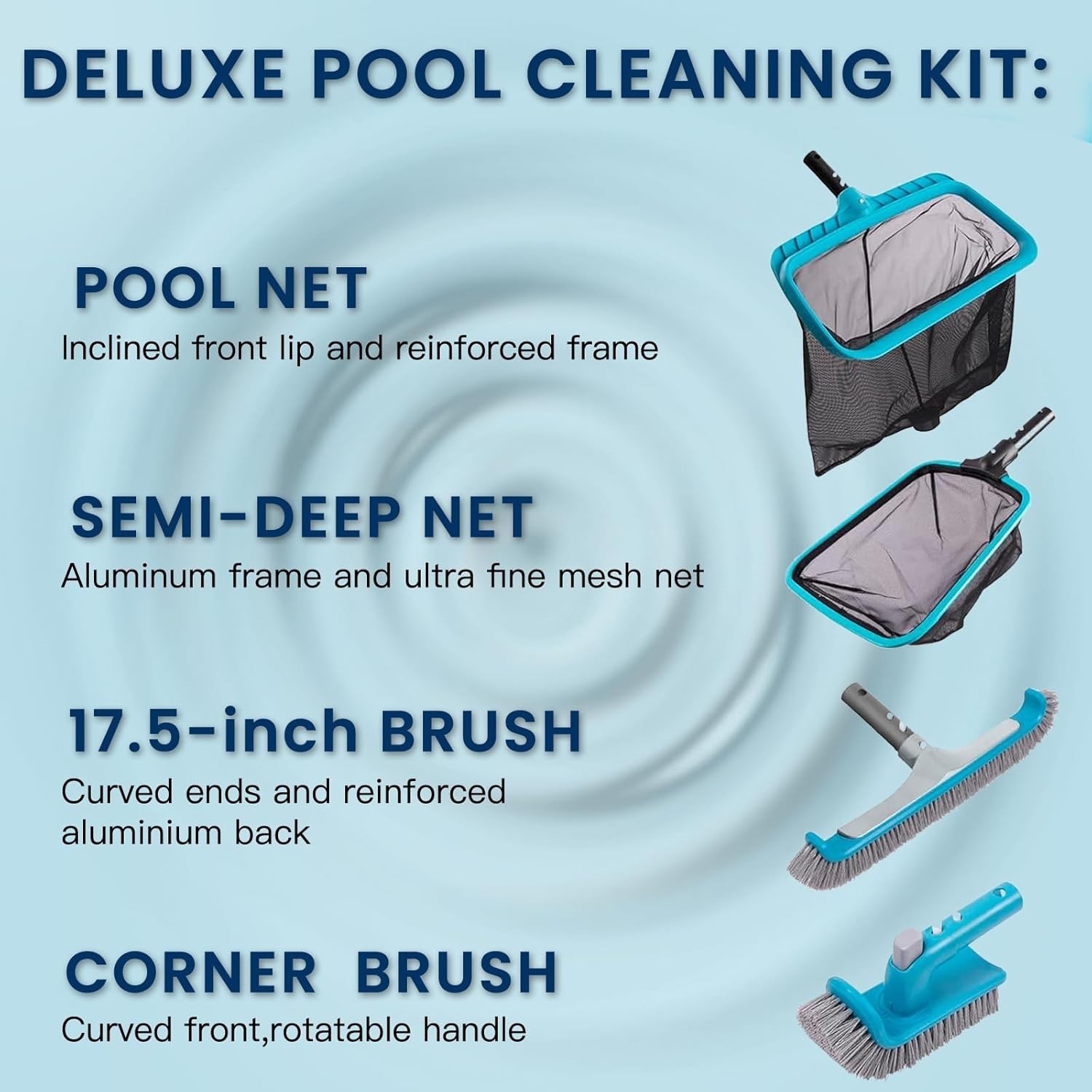 Pool Cleaning Kit 2 Skimmer Nets 17.5 In Curved Brush Rotatable Scrub Head