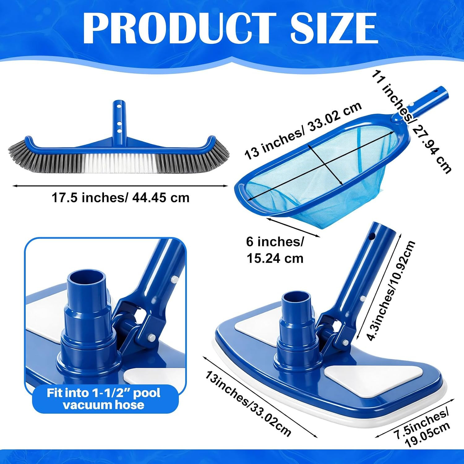 3-Piece Pool Cleaning Kit with Vacuum Head, Brushes, and Skimmer Net