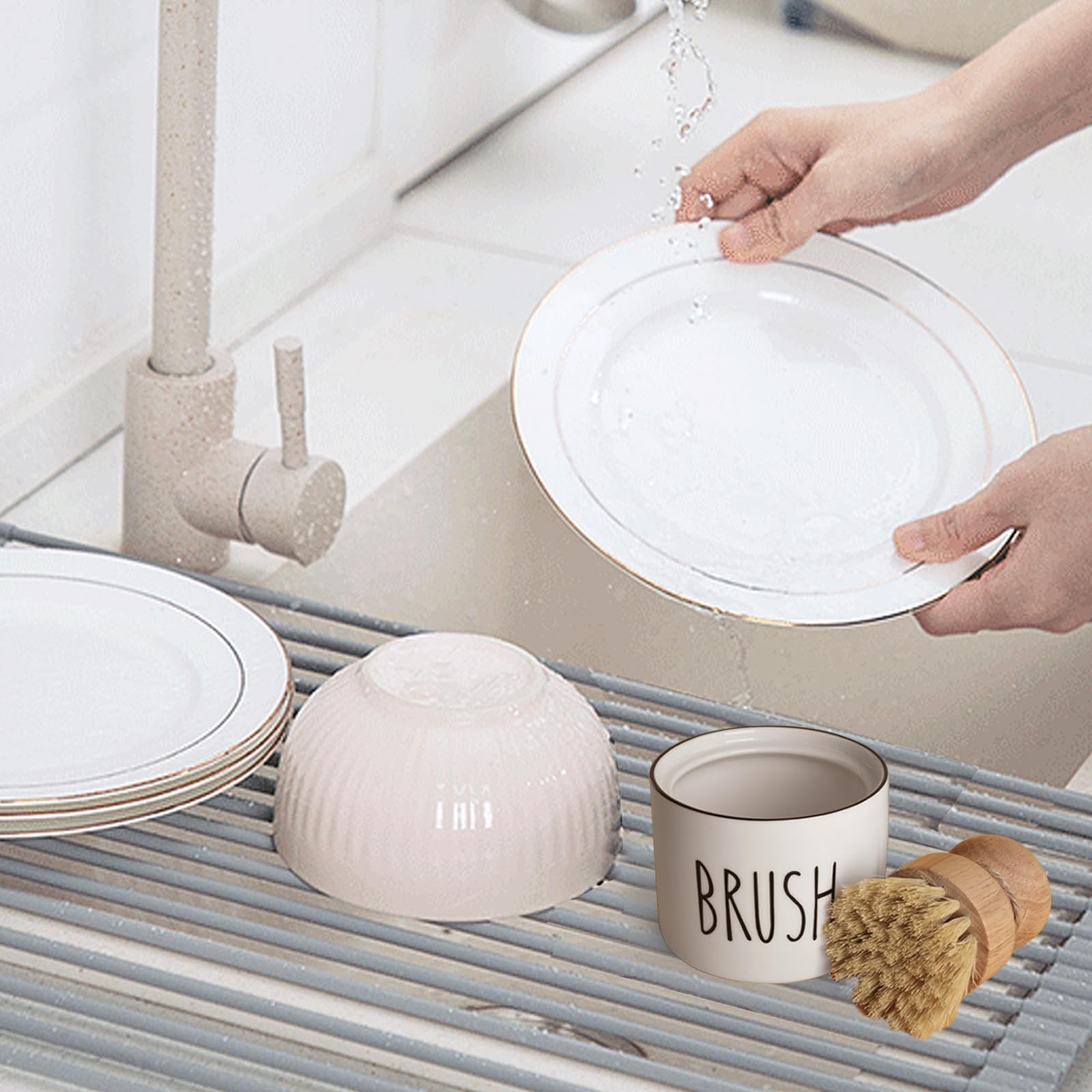 ONTUBE Ceramic Dish Brush Holder, Farmhouse Scrub Brush Holder Dishwashing Br…