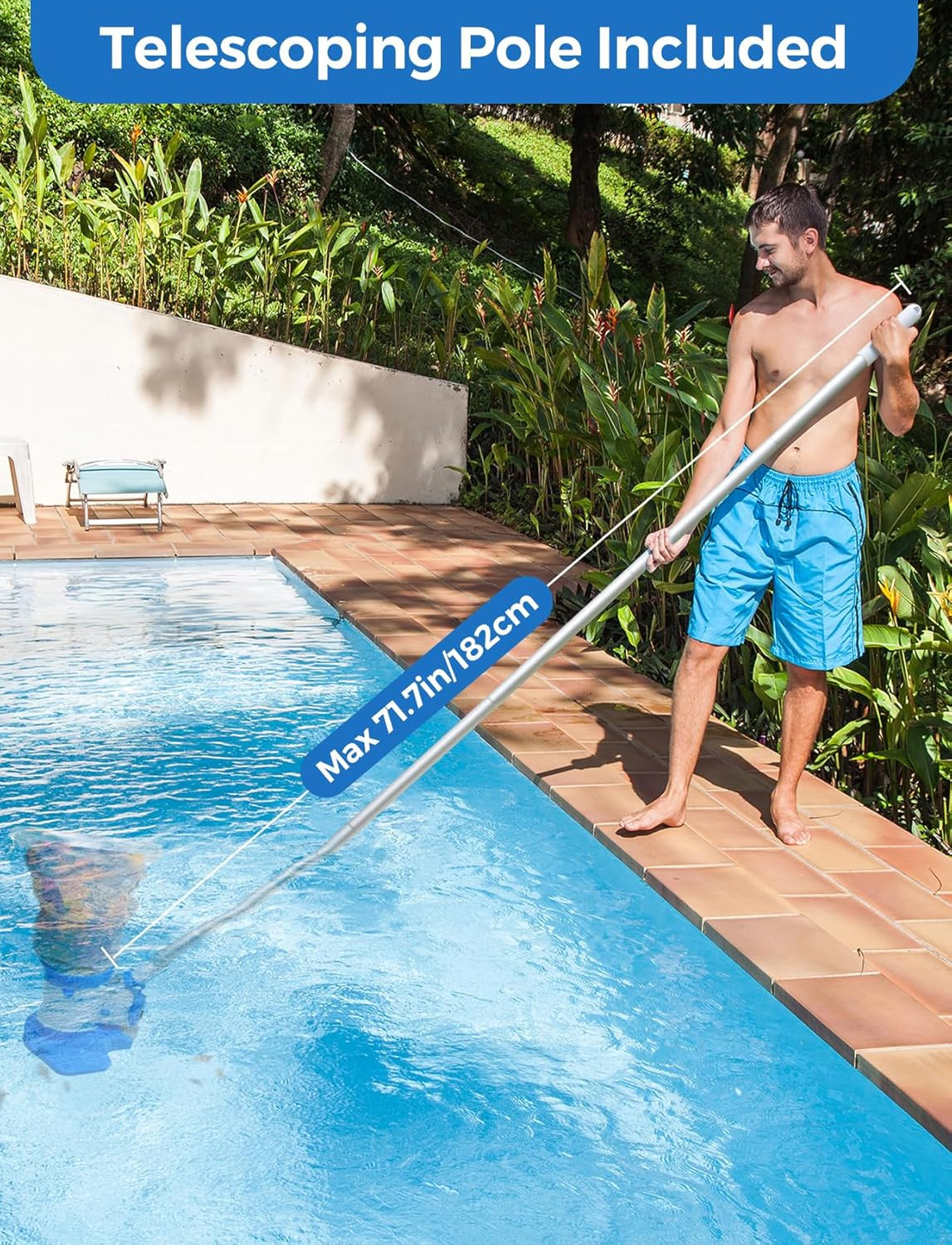 Pool Leaf Vacuum with 71.7In Telescopic Pole, 83GPM Powerful Suction, Rechargeab