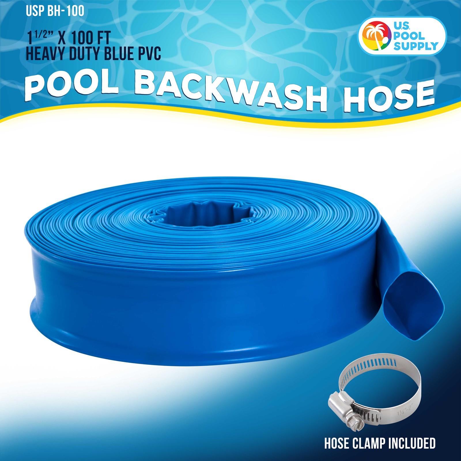 1-1/2&Prime; x 100&prime; Heavy Duty Blue Swimming Pool Backwash Hose & Clamp, Discharge