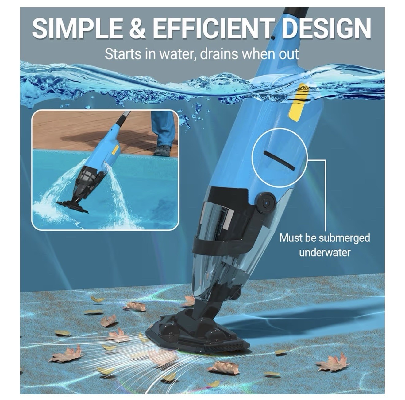Rechargeable Pool Vacuum w/ Replaceable Brush Head, Pole & Charger Blue/Black