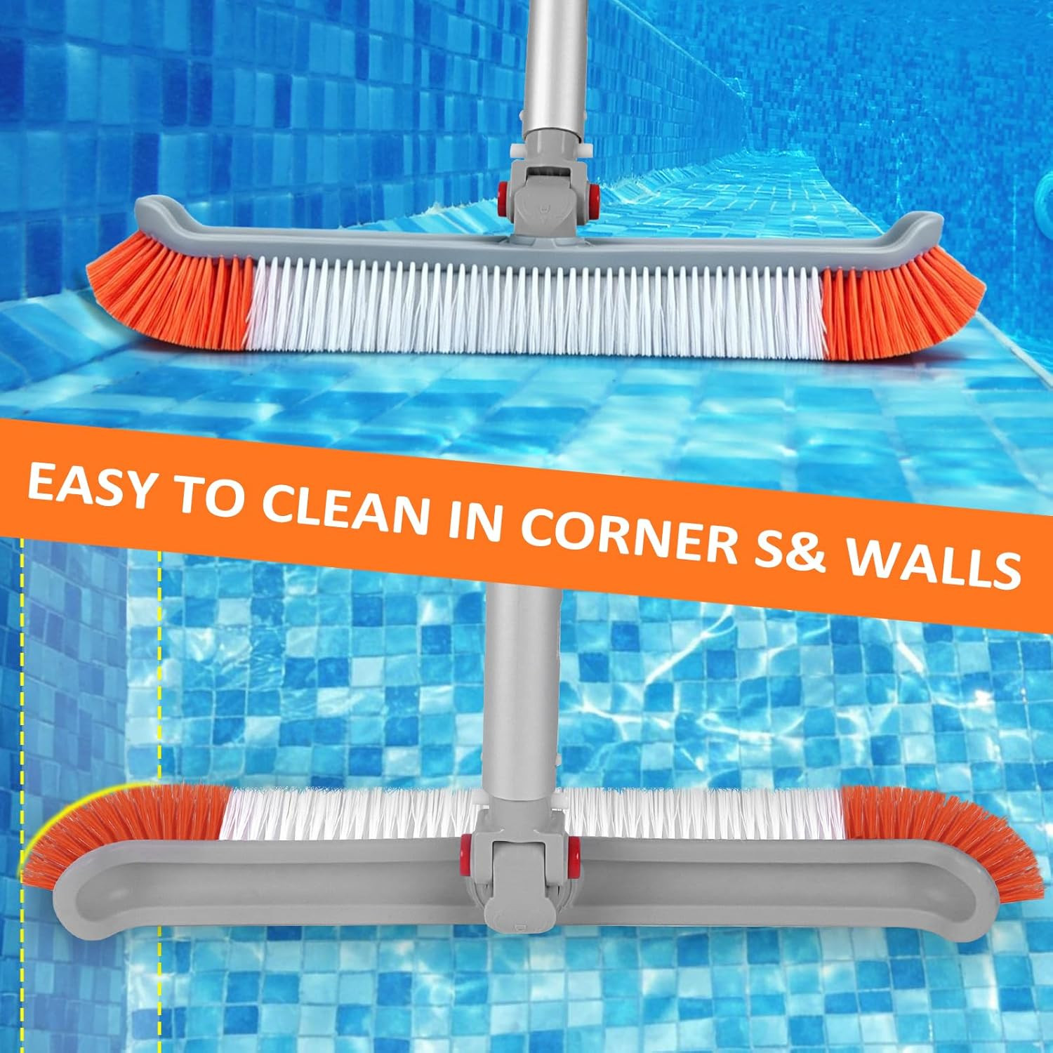 16FT Pool Brush with Pole, 18&Prime; Heavy Duty Swimming Pool Brush with 4-16FT Alumin