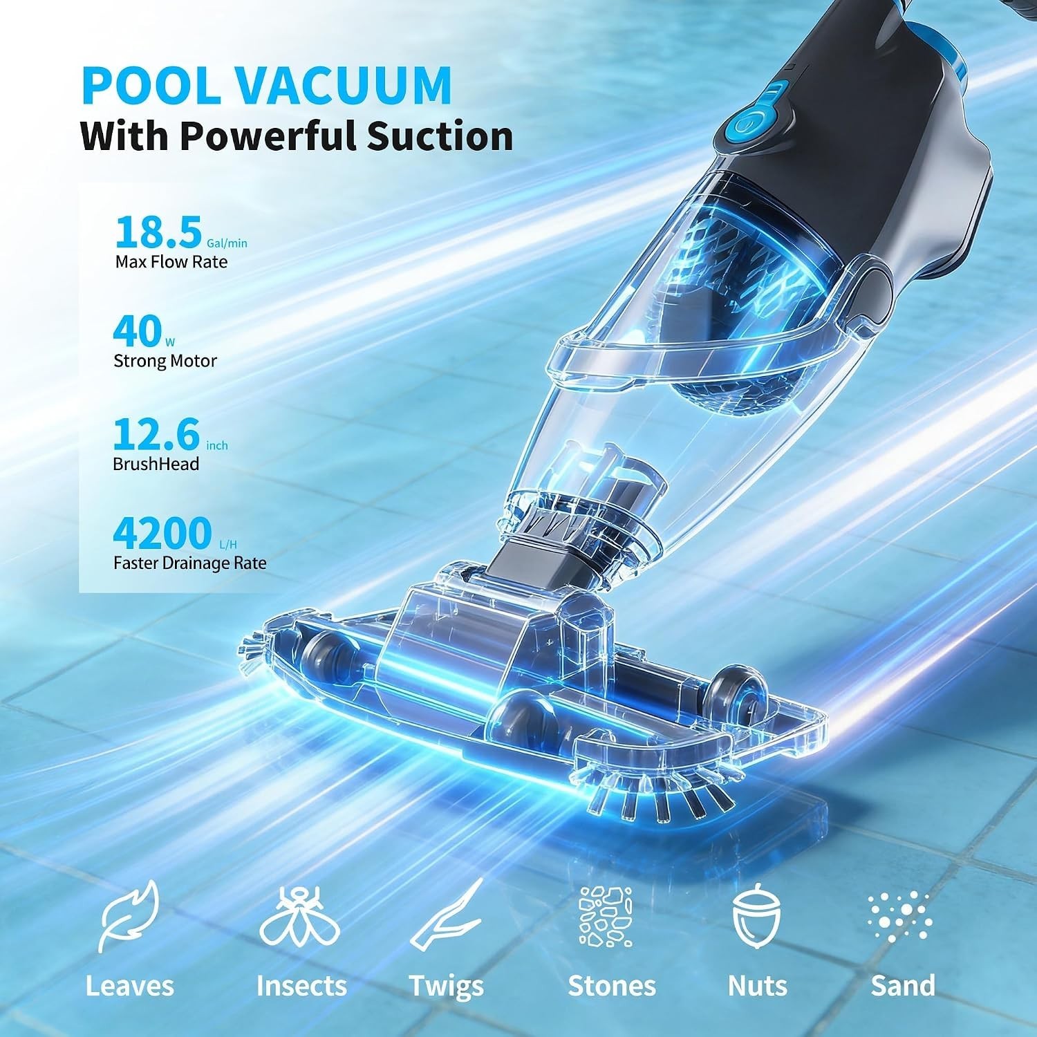 Cordless Handheld Pool Vacuum for Above Ground, Inground Pools | 18.5GPM
