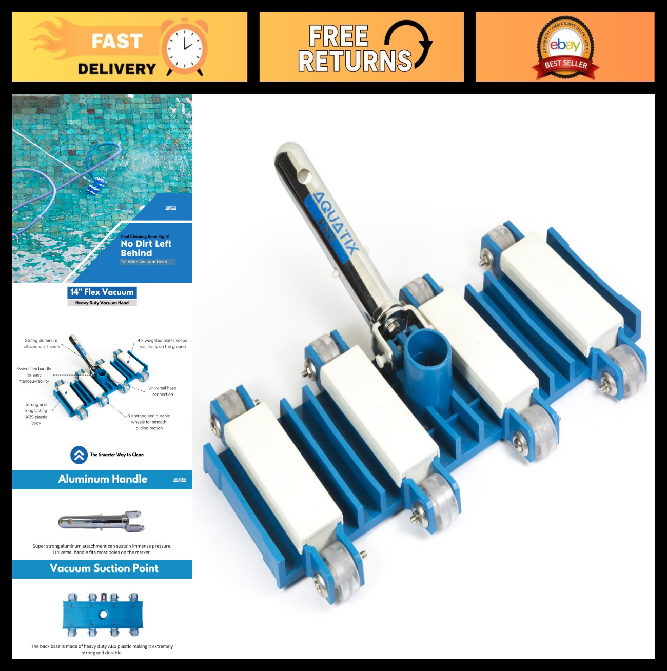 14&Prime; Heavy Duty Pool Vacuum Head with Wheels, Aluminum Handle, Swivel & Weighted