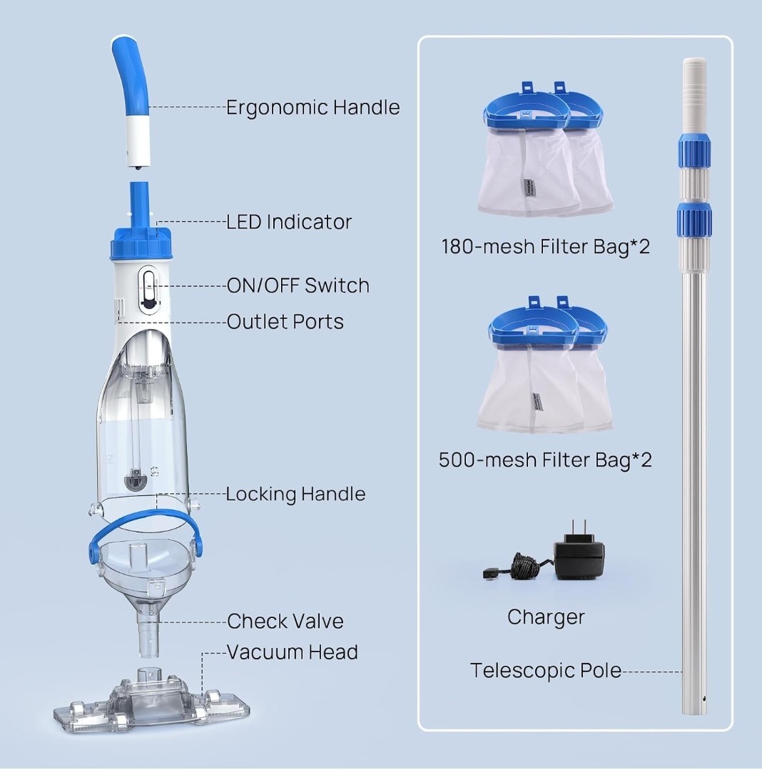 Light Blue Cordless Handheld Pool Vacuum Model PC15H 2X Suction 1110 GPH 40W