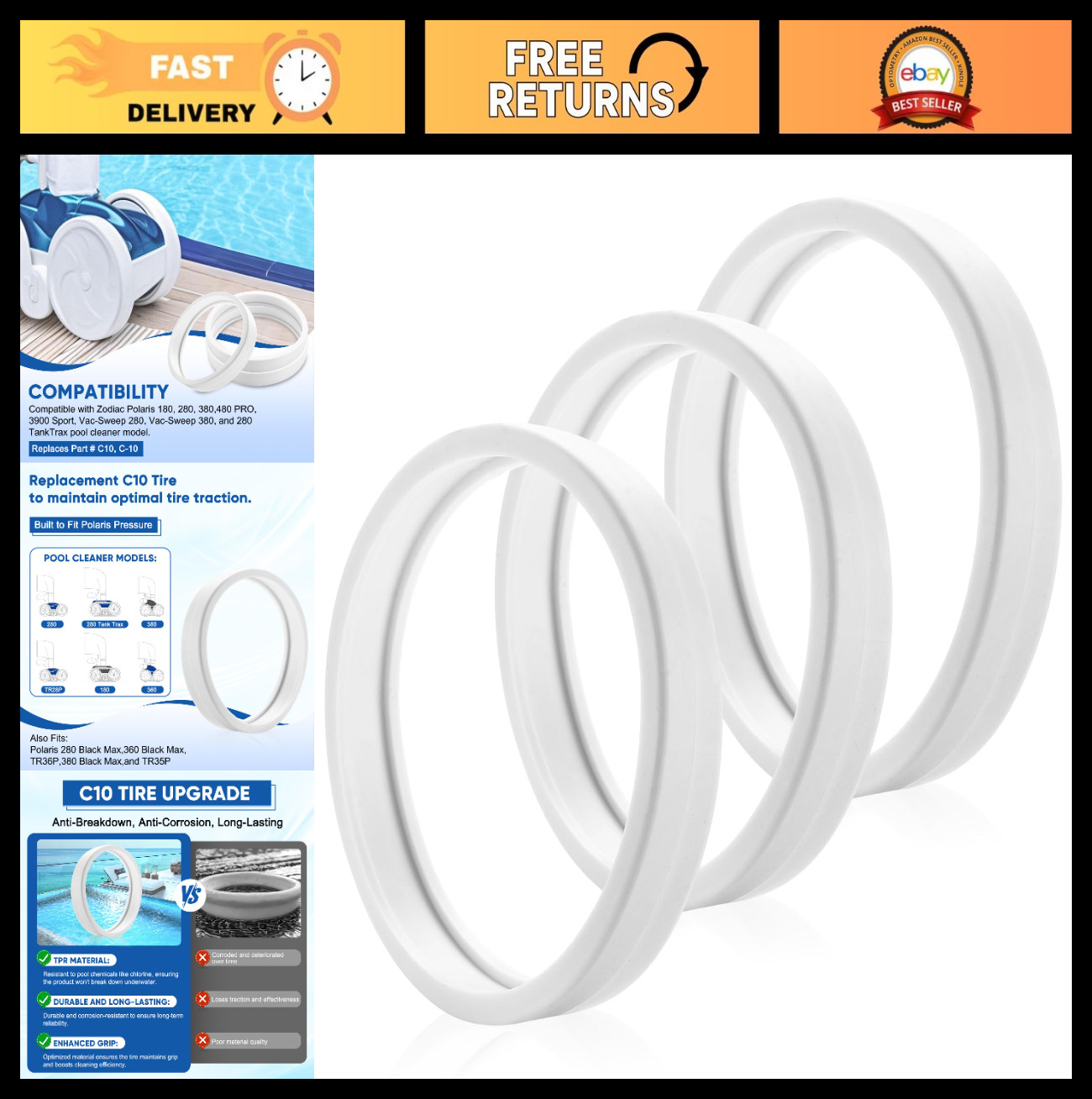 Universal Pool Cleaner Tire Replacement – Fits Polaris 180, 280, 360, 380 (3 Pac