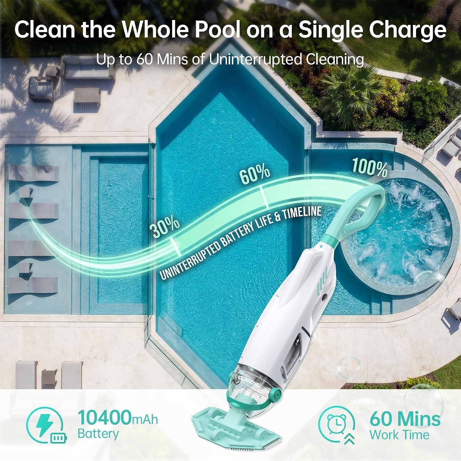 Efficient Hot Tub Vacuum – 60-Min Battery Life & Versatile for Pool Cleaning
