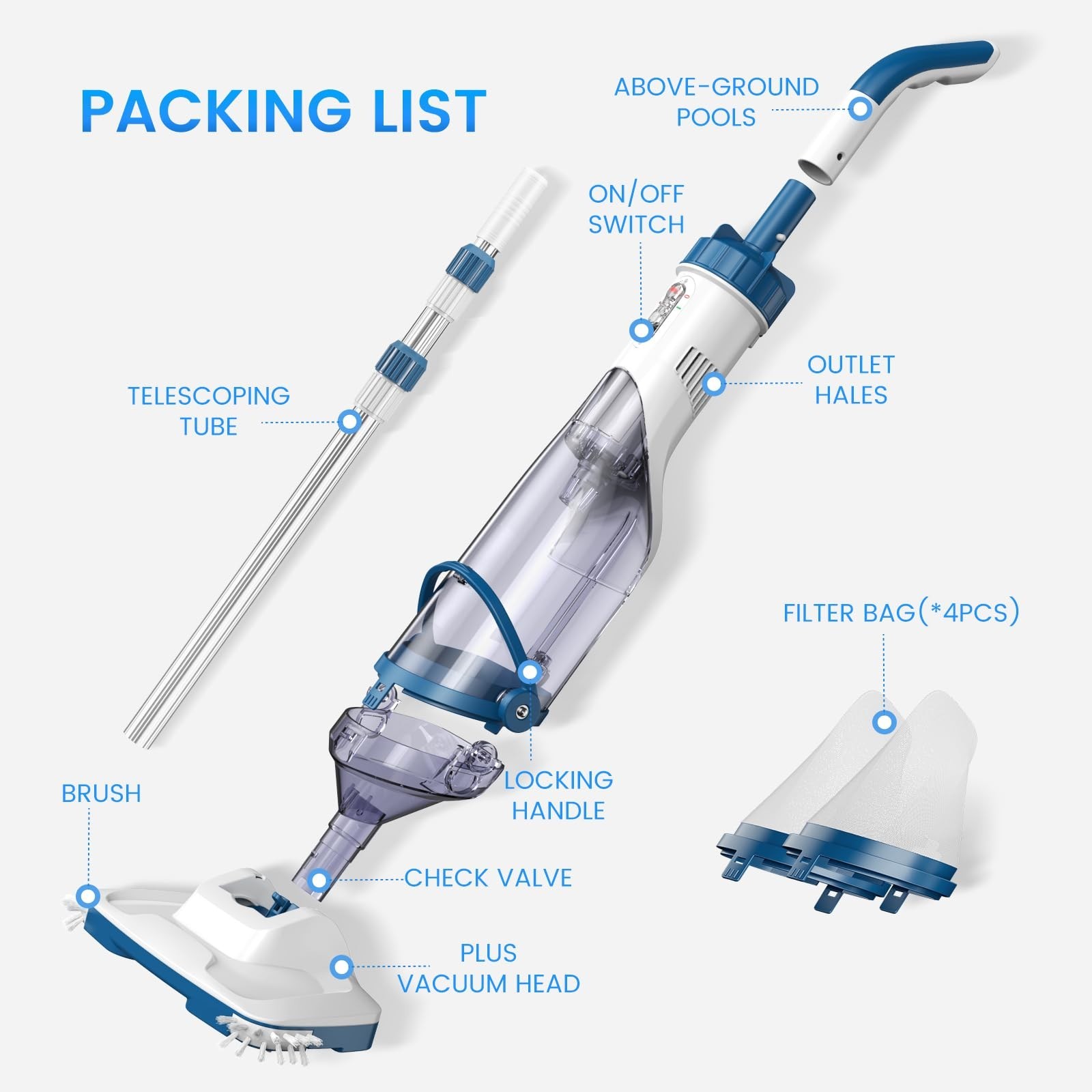 Cordless Pool Vacuum Cleaner – 13.4&Prime; Wide Head, 18.5 GPM Suction, 60 Min Runtime
